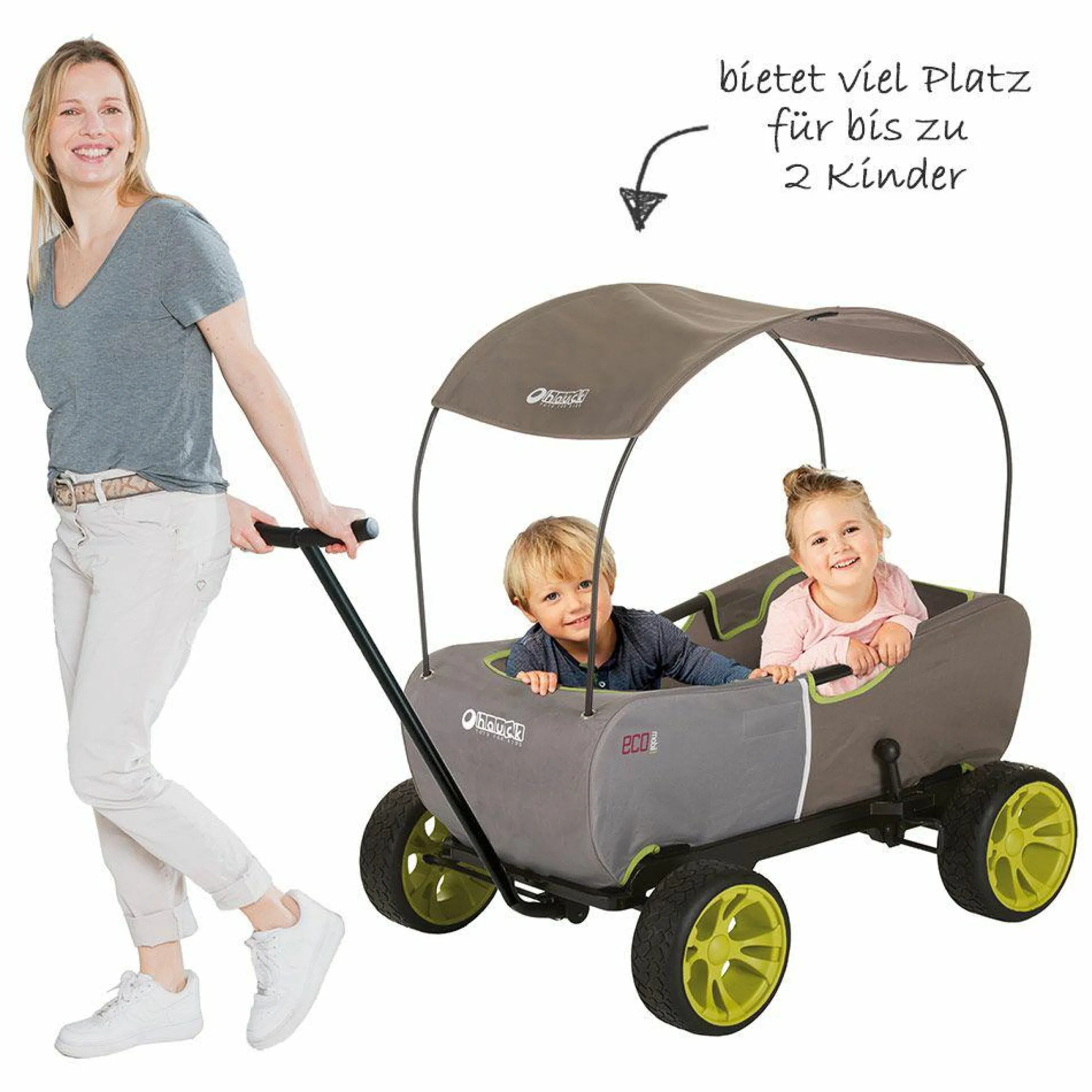 Bollerwagen Eco Mobil - faltbar mit Dach, Transportwagen & Handwagen für 2 Kinder inkl. Spielplatzdecke 2in1 - Forest Green