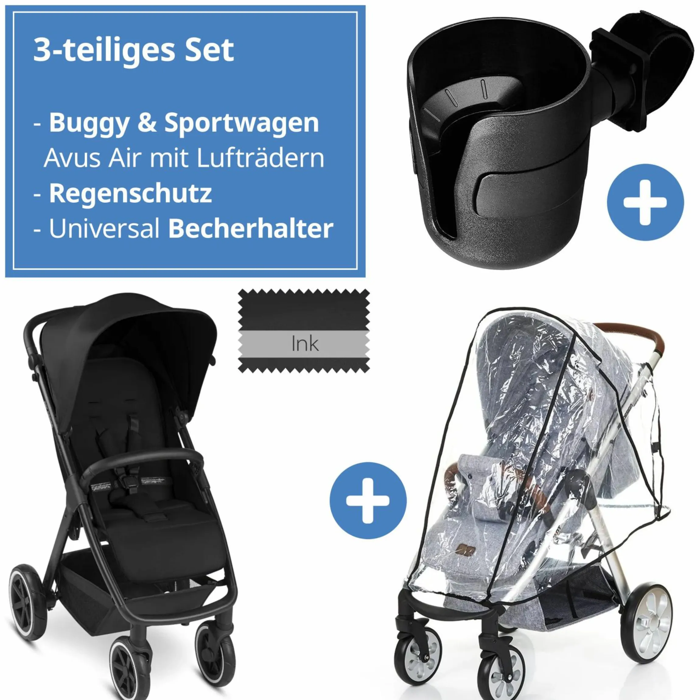 Buggy & Sportwagen Avus Air mit Lufträder - Einhand-Faltung und höhenverstellbarem Schieber (bis 25 kg belastbar) inkl. Getränkehalter & Regenschutz - Ink - Kollektion 2024