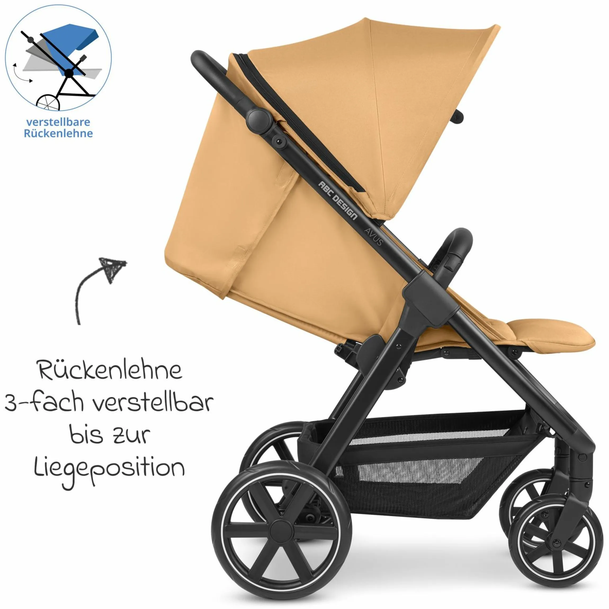 Buggy & Sportwagen Avus inkl. Reboarder Pearl Pro 2 - mit Einhand-Faltung und höhenverstellbarem Schieber (bis 25 kg belastbar) - Honey