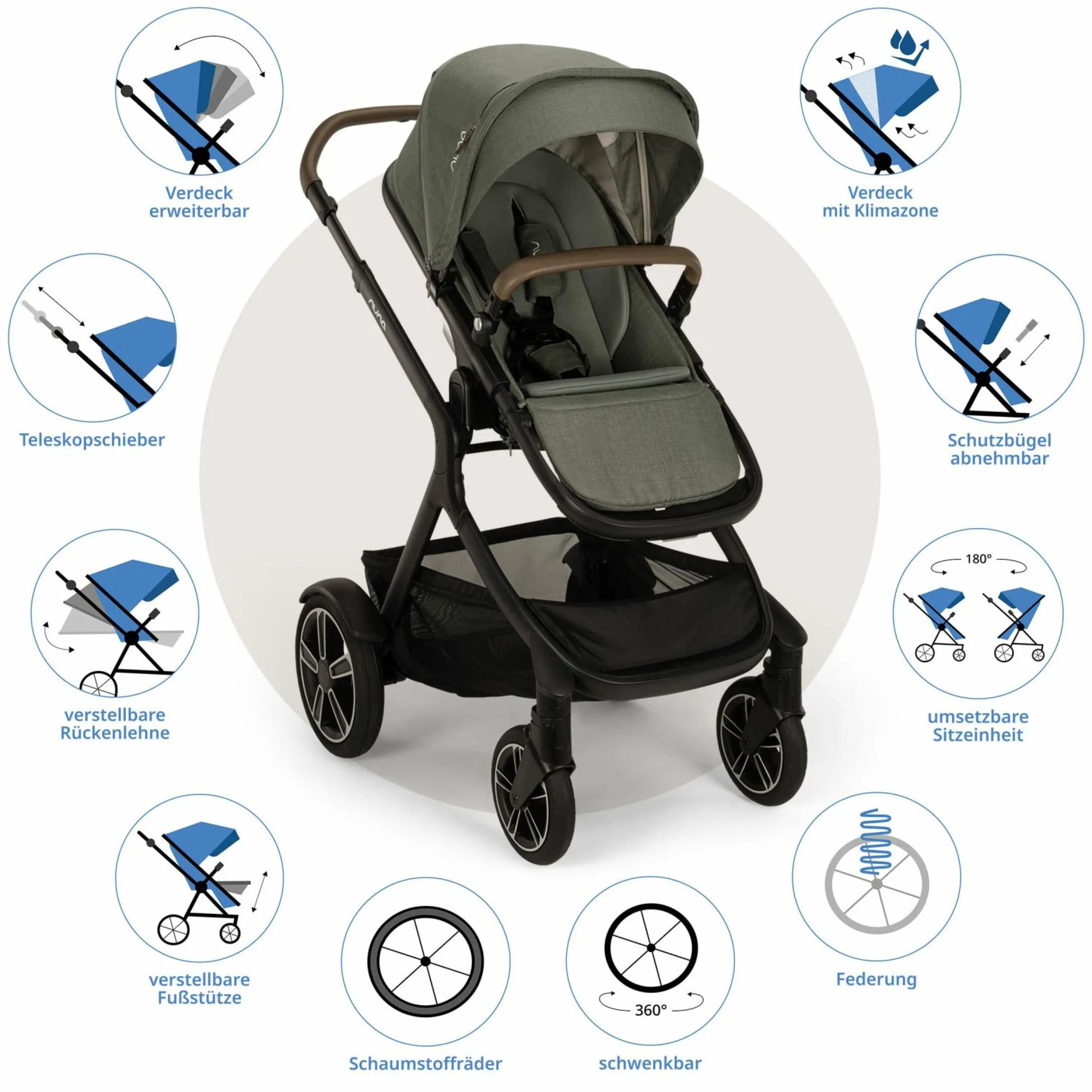 Buggy & Sportwagen DEMI next bis 22 kg mit magnetischem Gurtverschluss, umsetzbarem Allwettersitz, höhenverstellbarem Schieber, integrierter Sichtschutz inkl. Adapter & Regenschutz - Pine - Kollektion 2025