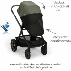 Buggy & Sportwagen DEMI next bis 22 kg mit magnetischem Gurtverschluss, umsetzbarem Allwettersitz, höhenverstellbarem Schieber, integrierter Sichtschutz inkl. Adapter & Regenschutz - Pine - Kollektion 2025