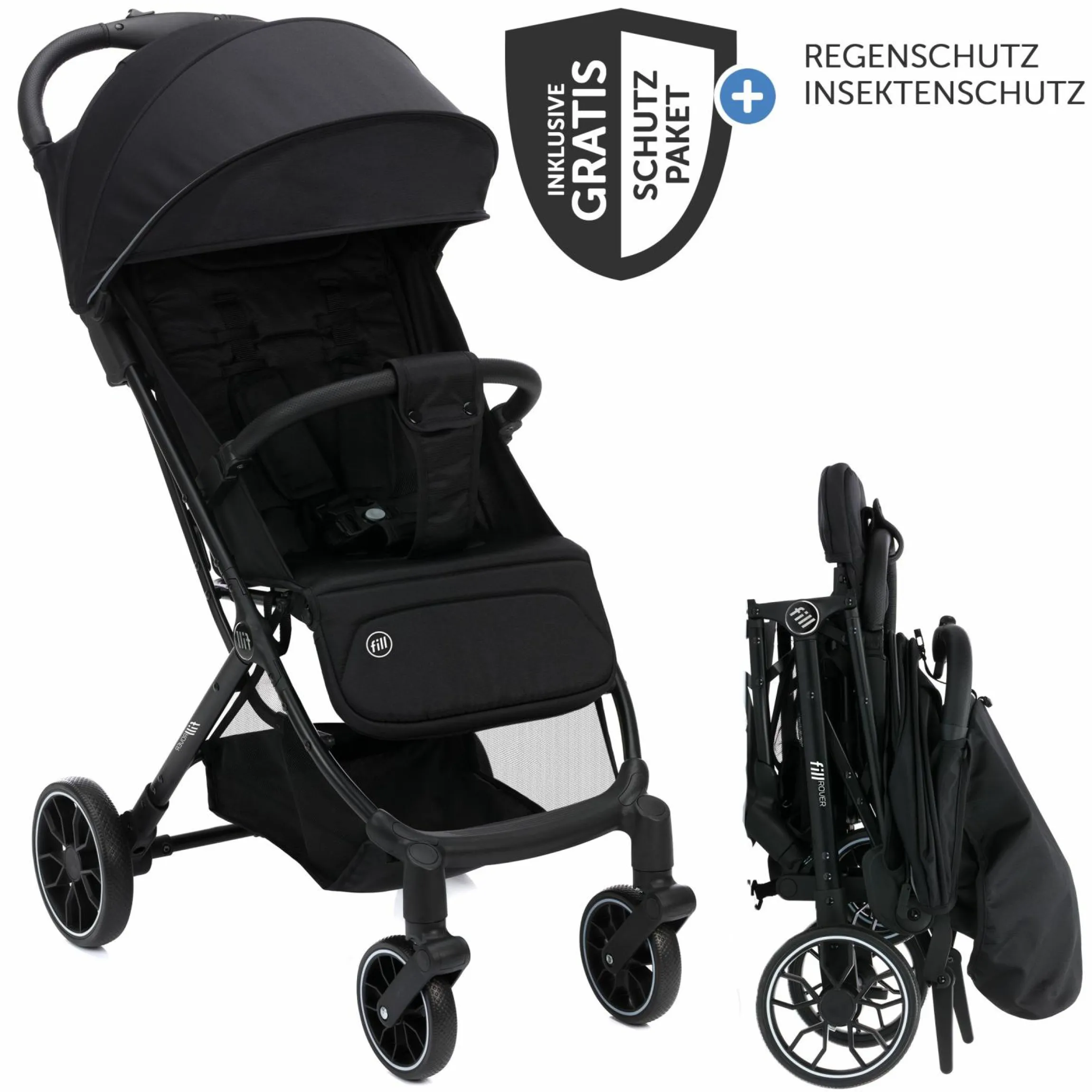 Buggy & Sportwagen Fill Rover bis 22 kg belastbar mit Liegeposition, Trollyfunktion nur 6,8 kg inkl. Schutzpaket - Schwarz