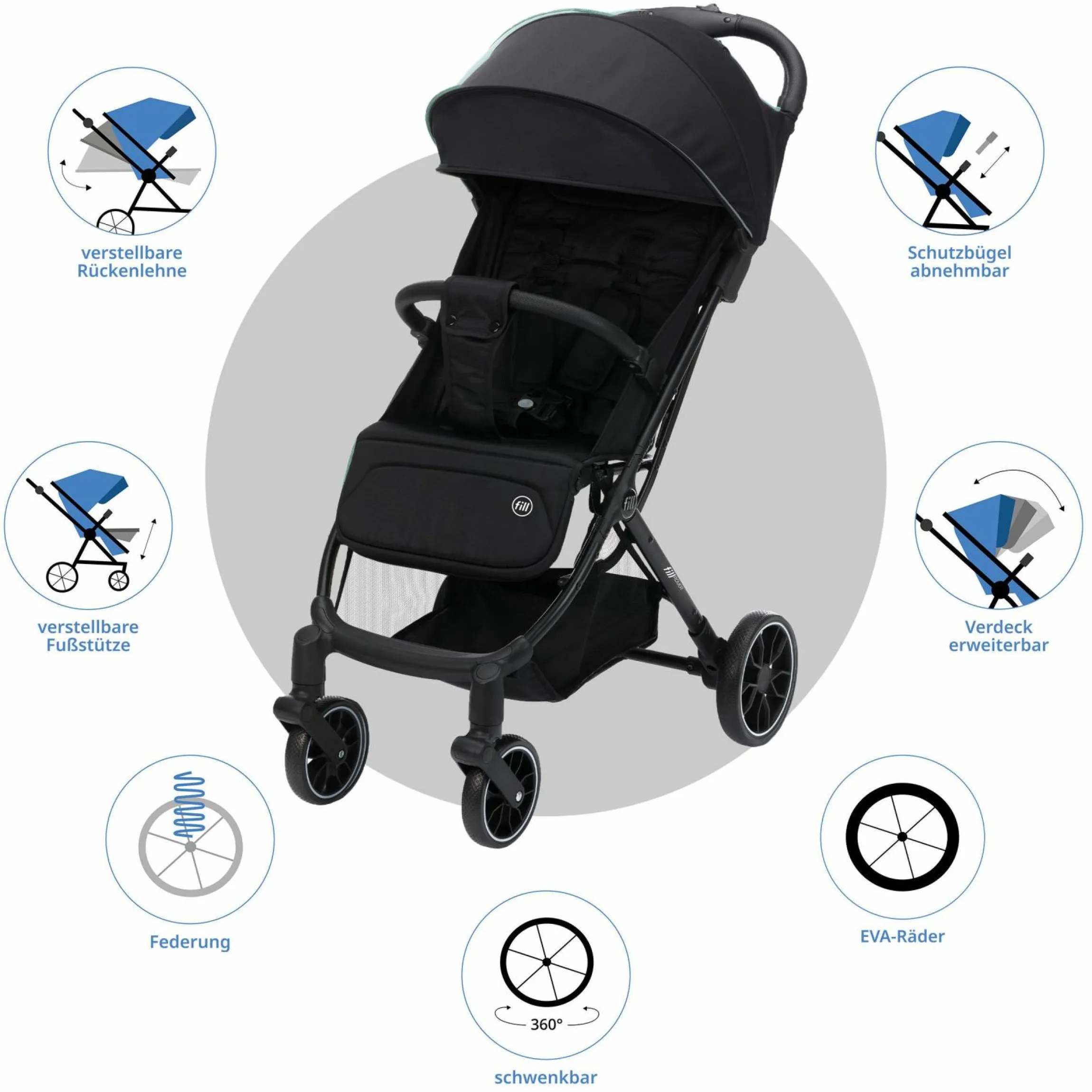 Buggy & Sportwagen Fill Rover bis 22 kg belastbar mit Liegeposition, Trollyfunktion nur 6,8 kg inkl. Schutzpaket - Schwarz