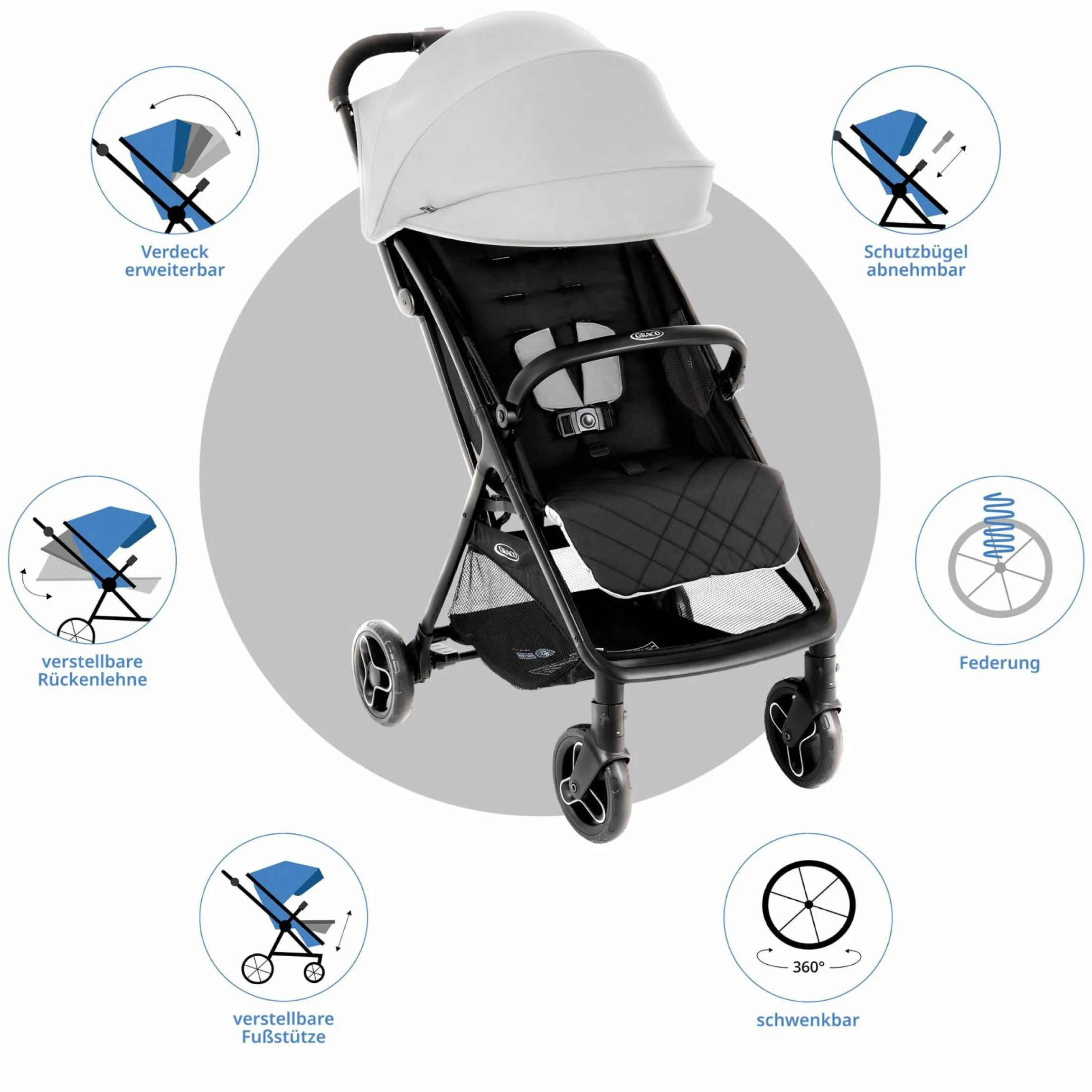 Buggy- & Sportwagen Myavo bis 22 kg belastbar nur 5,8 kg leicht mit Liegefunktion & Regenschutz - Steeple Gray