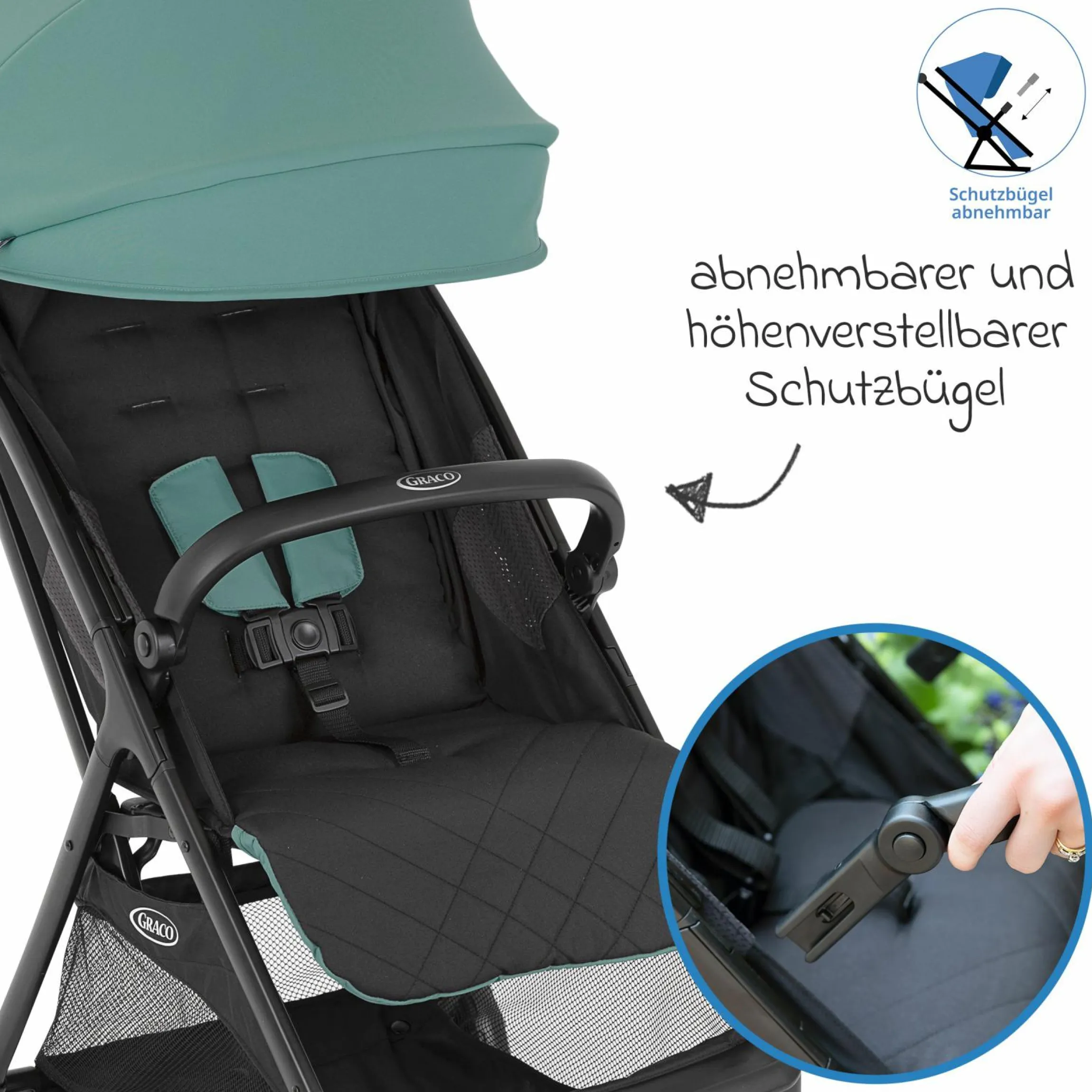 Buggy- & Sportwagen Myavo bis 22 kg belastbar nur 5,8 kg leicht mit Liegefunktion & Regenschutz - Mint