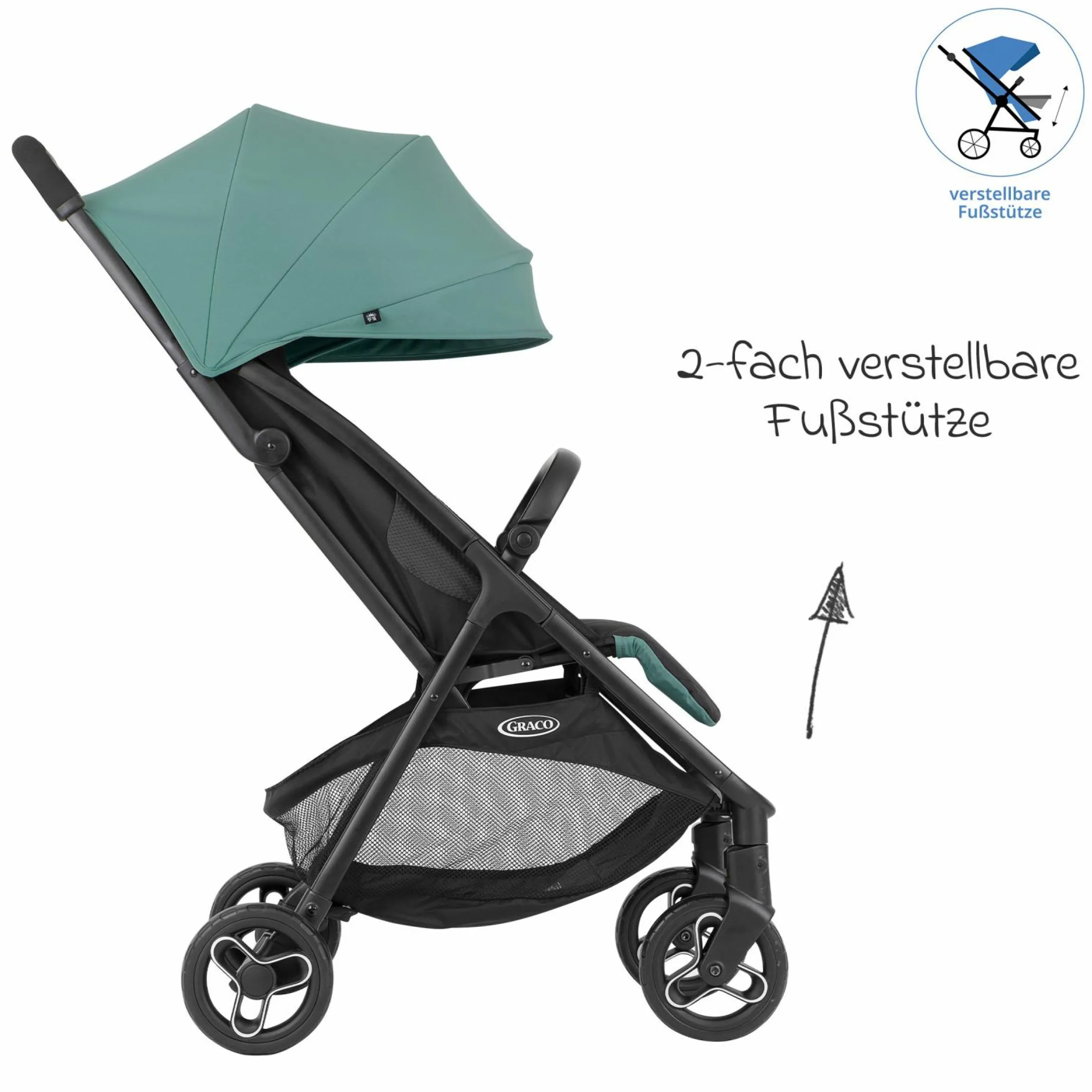 Buggy- & Sportwagen Myavo bis 22 kg belastbar nur 5,8 kg leicht mit Liegefunktion & Regenschutz - Mint