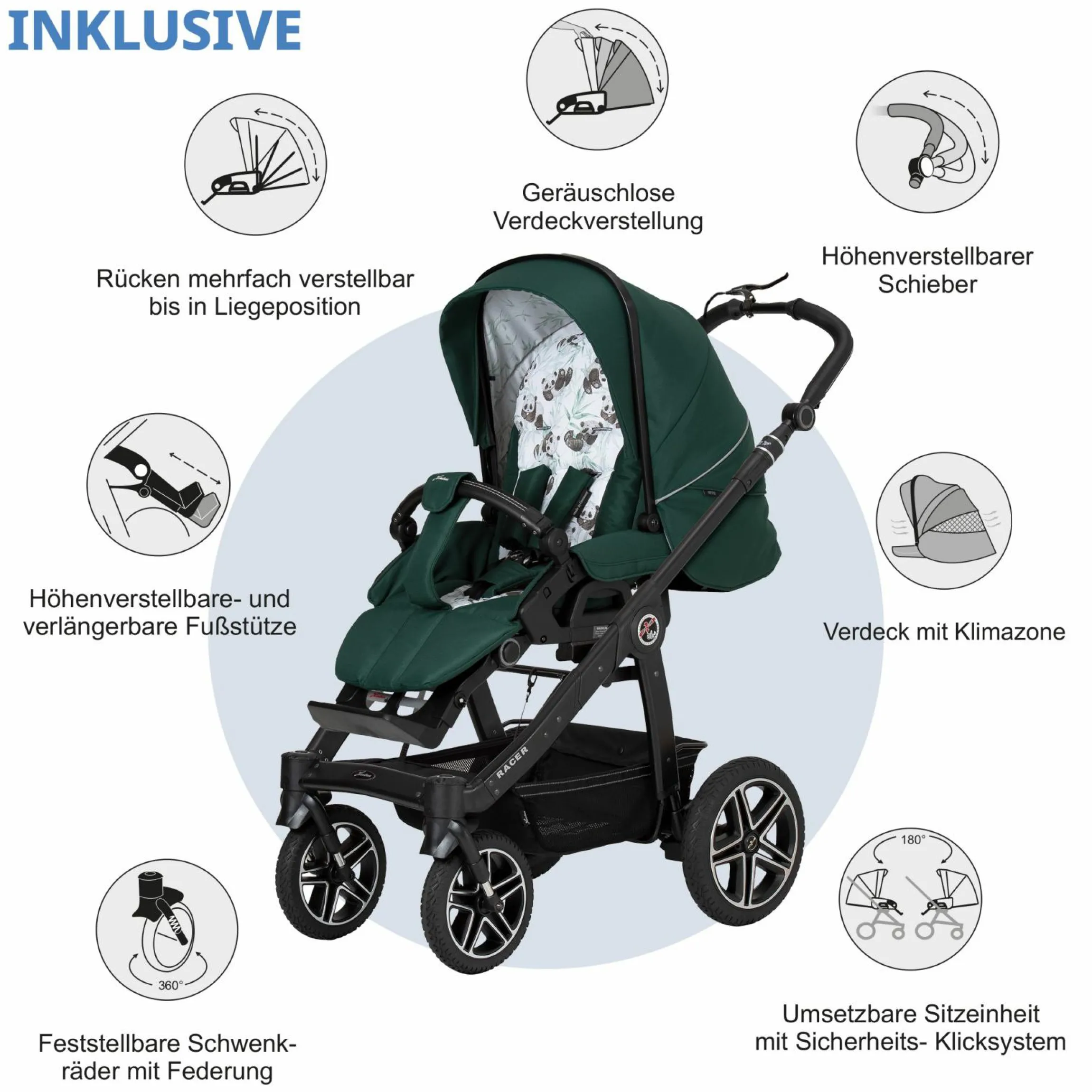 Buggy & Sportwagen Racer GTS bis 22 kg belastbar mit Handbremse, Knickschieber inkl. Regenschutz - Panda Family - Kollektion 2024