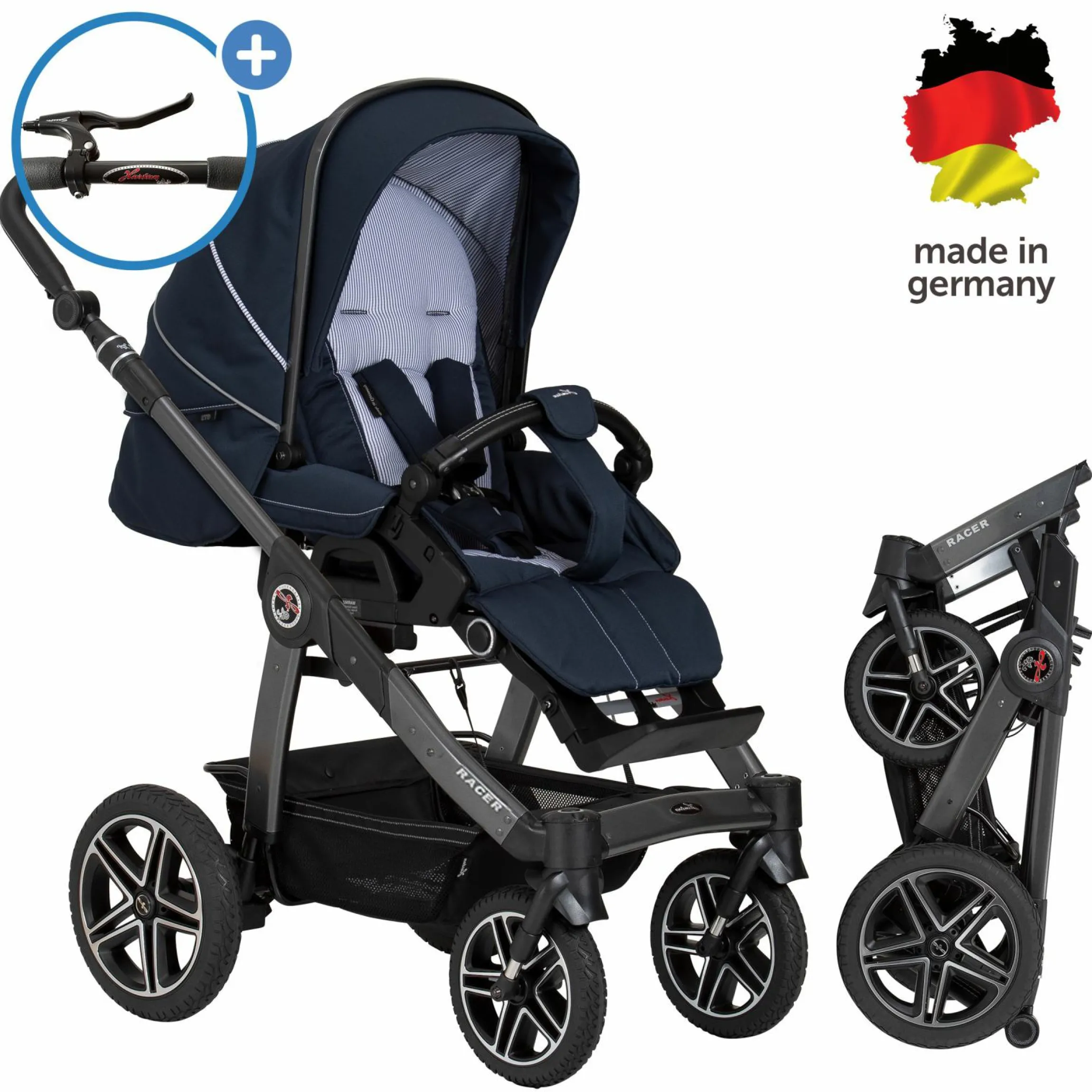 Buggy & Sportwagen Racer GTS bis 22 kg belastbar mit Handbremse, Knickschieber inkl. Regenschutz - Navy Stripes - Kollektion 2024