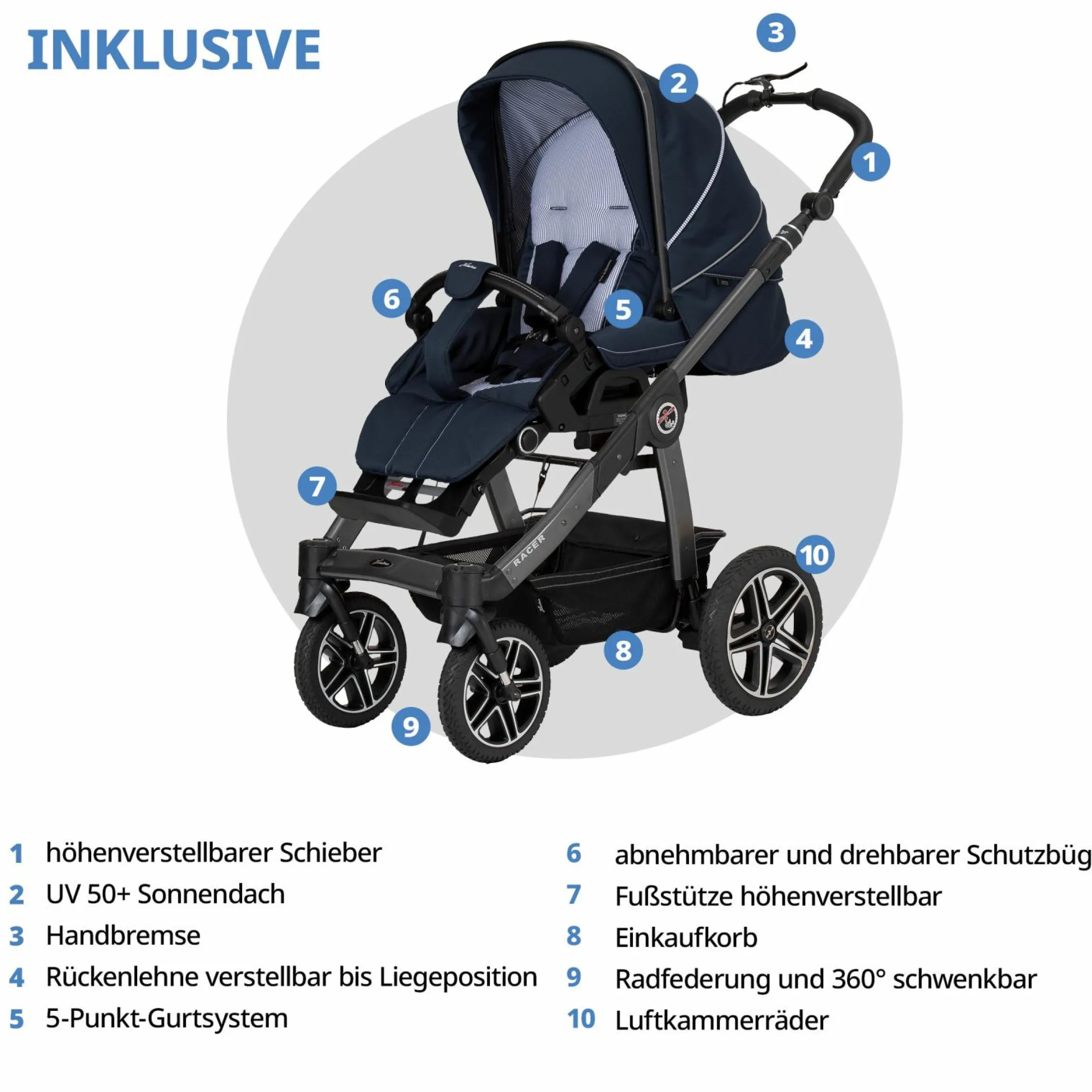 Buggy & Sportwagen Racer GTS bis 22 kg belastbar mit Handbremse, Knickschieber inkl. Regenschutz - Navy Stripes - Kollektion 2024