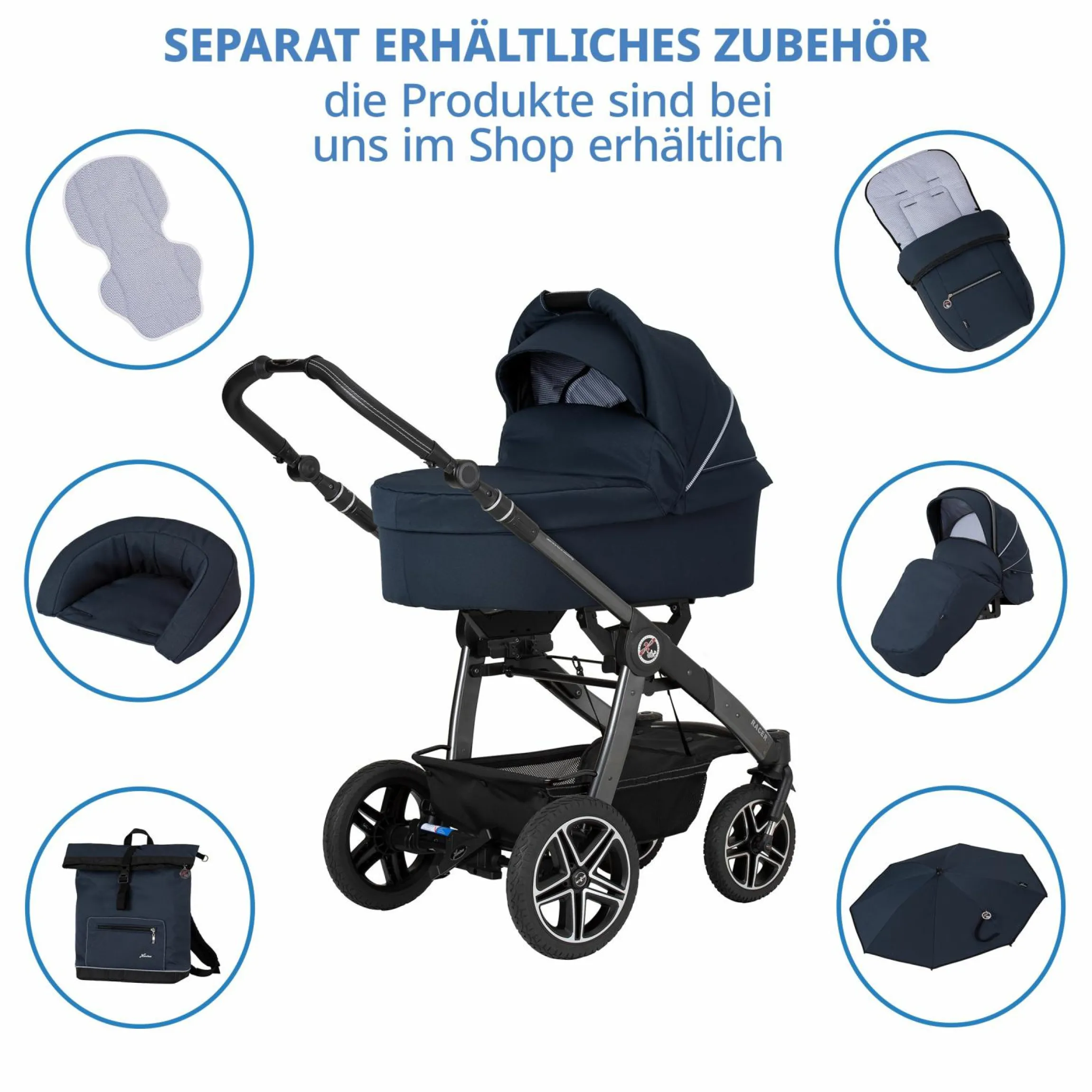 Buggy & Sportwagen Racer GTS bis 22 kg belastbar mit Handbremse, Knickschieber inkl. Regenschutz - Navy Stripes - Kollektion 2024