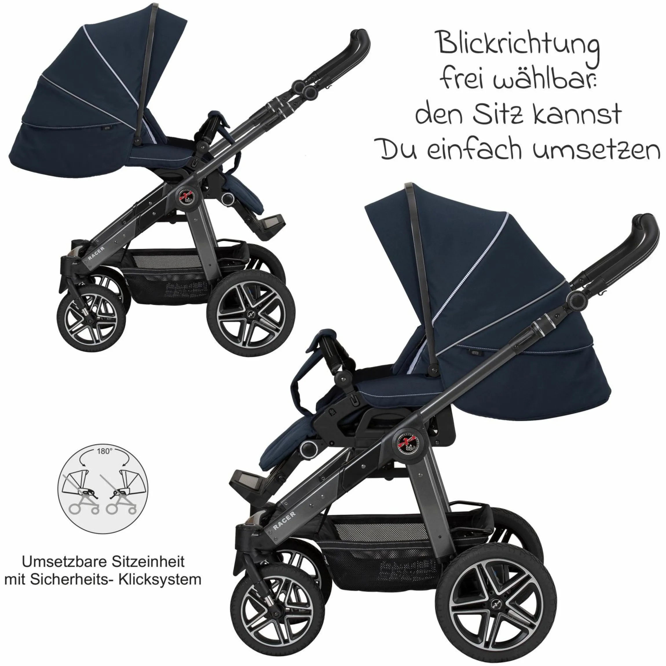 Buggy & Sportwagen Racer GTS bis 22 kg belastbar mit Handbremse, Knickschieber inkl. Regenschutz - Navy Stripes - Kollektion 2024