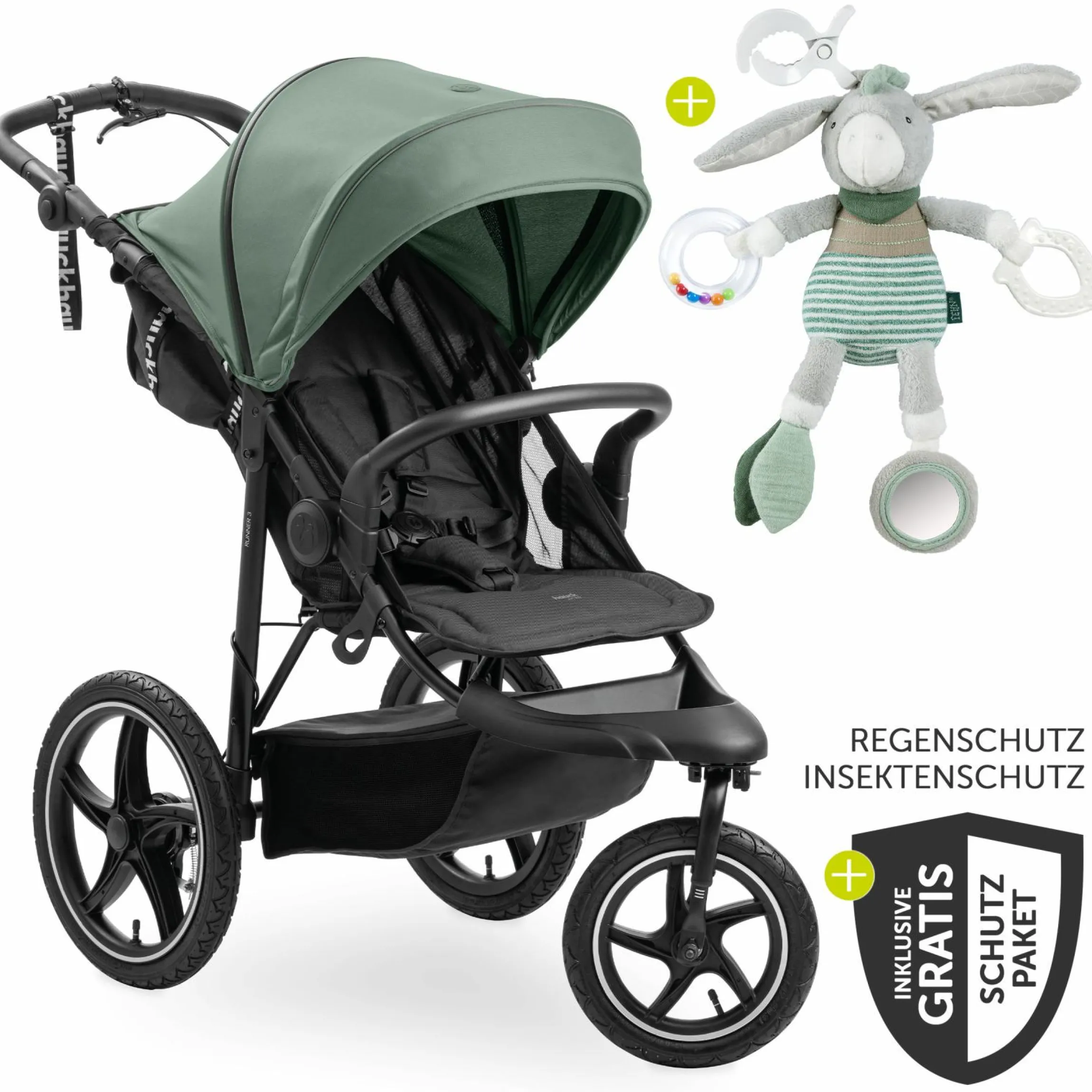 Buggy & Sportwagen Runner 3 (mit großen Luftreifen) - inkl. XXL Zubehörpaket & Fehn Spieltier Eselchen - Jungle Green