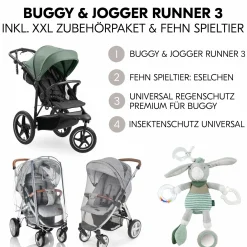 Buggy & Sportwagen Runner 3 (mit großen Luftreifen) - inkl. XXL Zubehörpaket & Fehn Spieltier Eselchen - Jungle Green