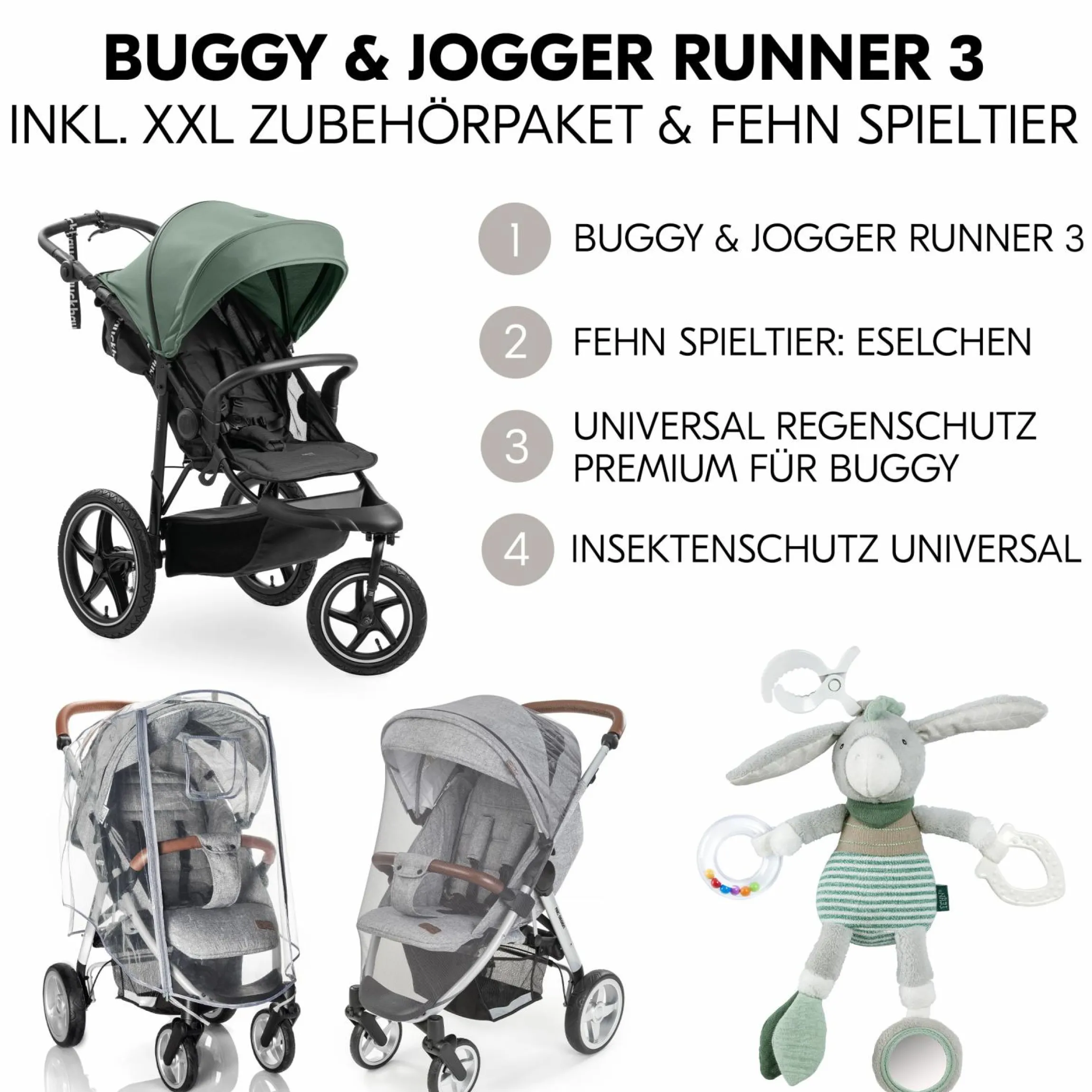 Buggy & Sportwagen Runner 3 (mit großen Luftreifen) - inkl. XXL Zubehörpaket & Fehn Spieltier Eselchen - Jungle Green