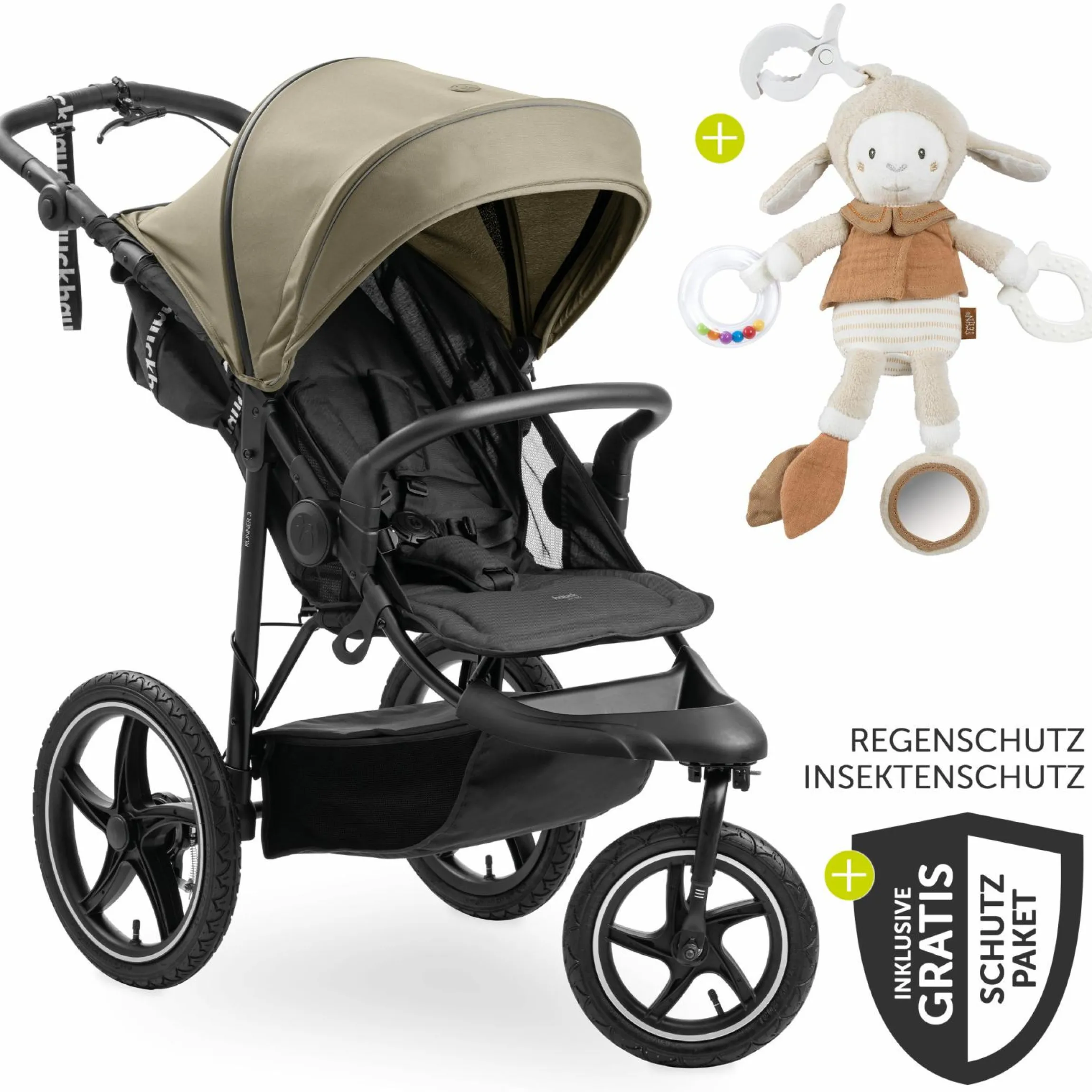 Buggy & Sportwagen Runner 3 (mit großen Luftreifen) - inkl. XXL Zubehörpaket & Fehn Spieltier Schäfchen - Olive