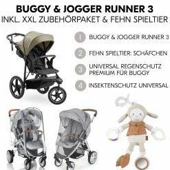 Buggy & Sportwagen Runner 3 (mit großen Luftreifen) - inkl. XXL Zubehörpaket & Fehn Spieltier Schäfchen - Olive