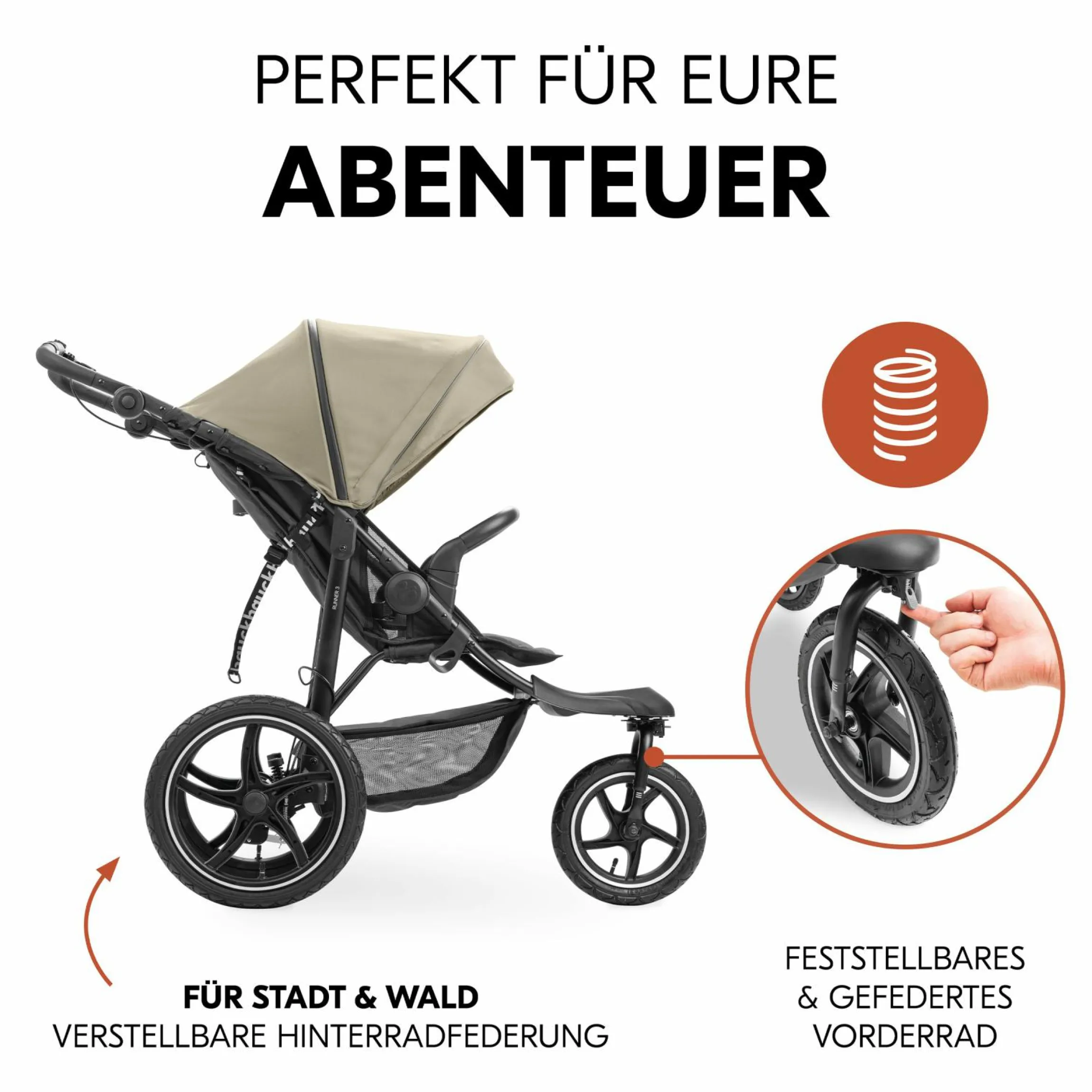 Buggy & Sportwagen Runner 3 (mit großen Luftreifen) - inkl. XXL Zubehörpaket & Fehn Spieltier Schäfchen - Olive