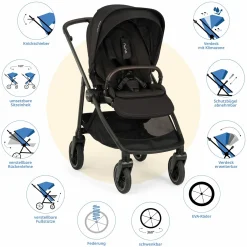 Buggy & Sportwagen Swiv bis 22 kg mit magnetischem Gurtverschluss, umsetzbarem Sportsitz, höhenverstellbarem Schieber, inkl. Adapter, Transporttasche, Getränkehalter & Regenschutz - Caviar
