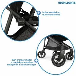 Buggy & Sportwagen Swiv bis 22 kg mit magnetischem Gurtverschluss, umsetzbarem Sportsitz, höhenverstellbarem Schieber, inkl. Adapter, Transporttasche, Getränkehalter & Regenschutz - Caviar