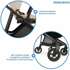 Buggy & Sportwagen Swiv bis 22 kg mit magnetischem Gurtverschluss, umsetzbarem Sportsitz, höhenverstellbarem Schieber, inkl. Adapter, Transporttasche, Getränkehalter & Regenschutz - Biscotti