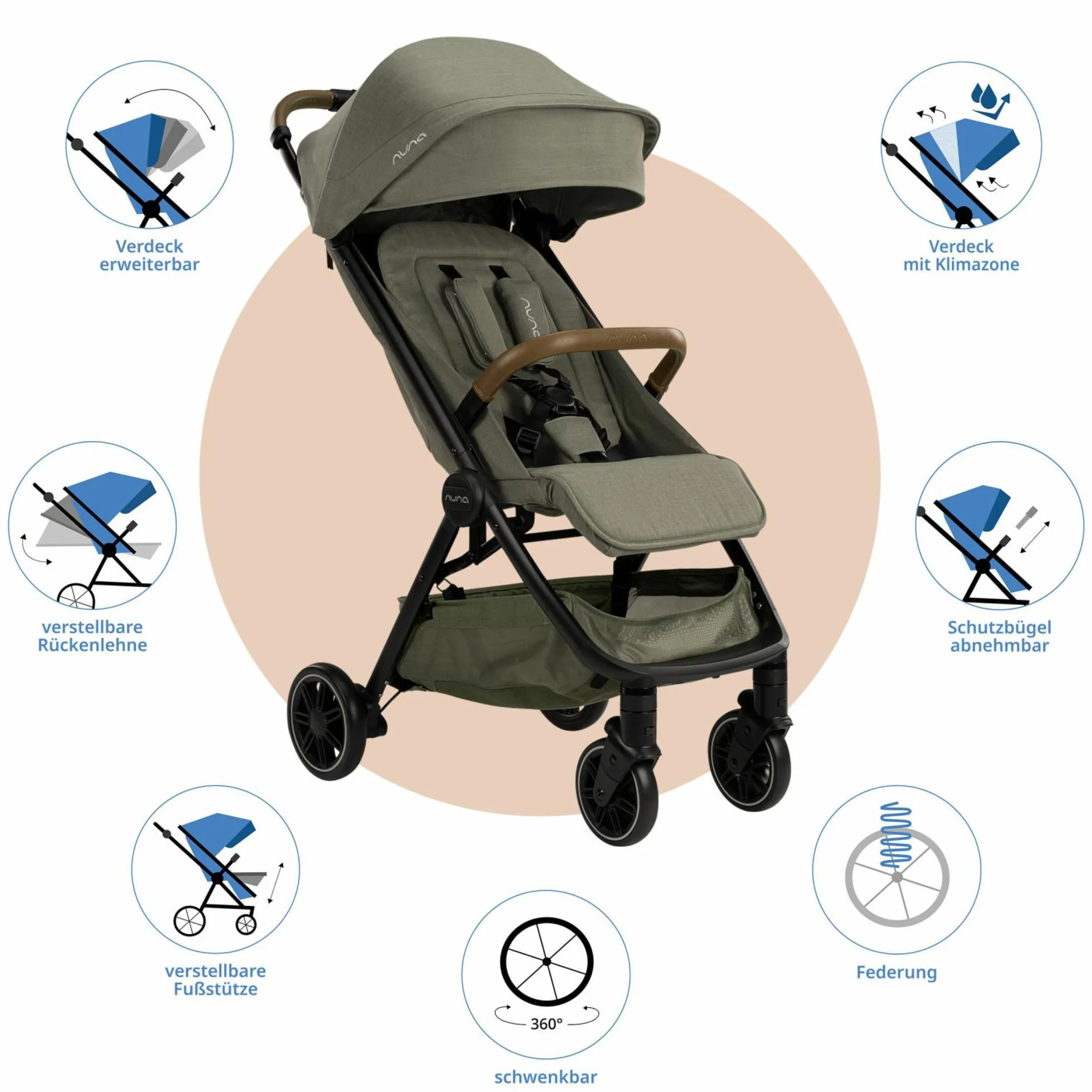 Buggy & Sportwagen TRVL Lx bis 22 kg mit magnetischem Gurtverschluss, automatischem Faltmechanismus inkl. Regenschutz & Transporttasche - Pine - Kollektion 2025