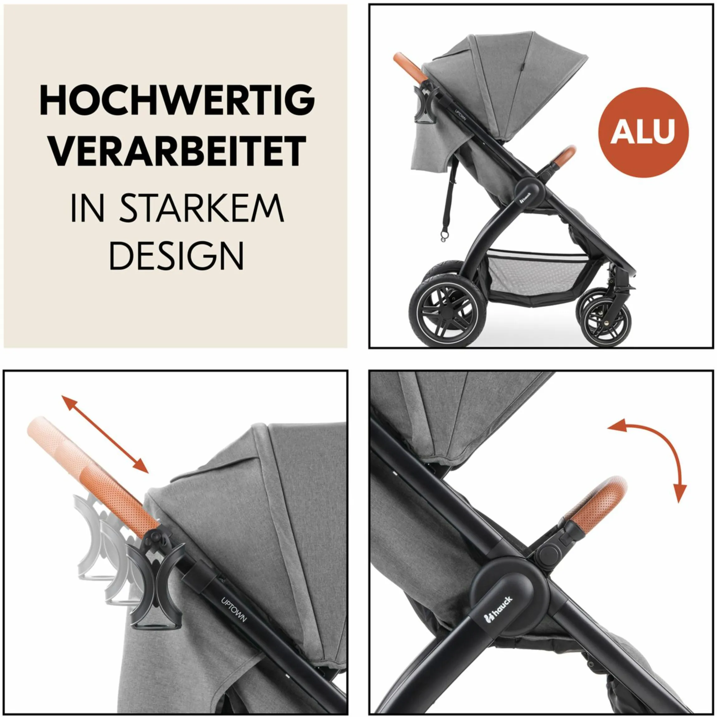 Buggy & Sportwagen UpTown Black (mit Liegefunktion, Schieber höhenverstellbar, Einhand-Faltung) - Melange Grey