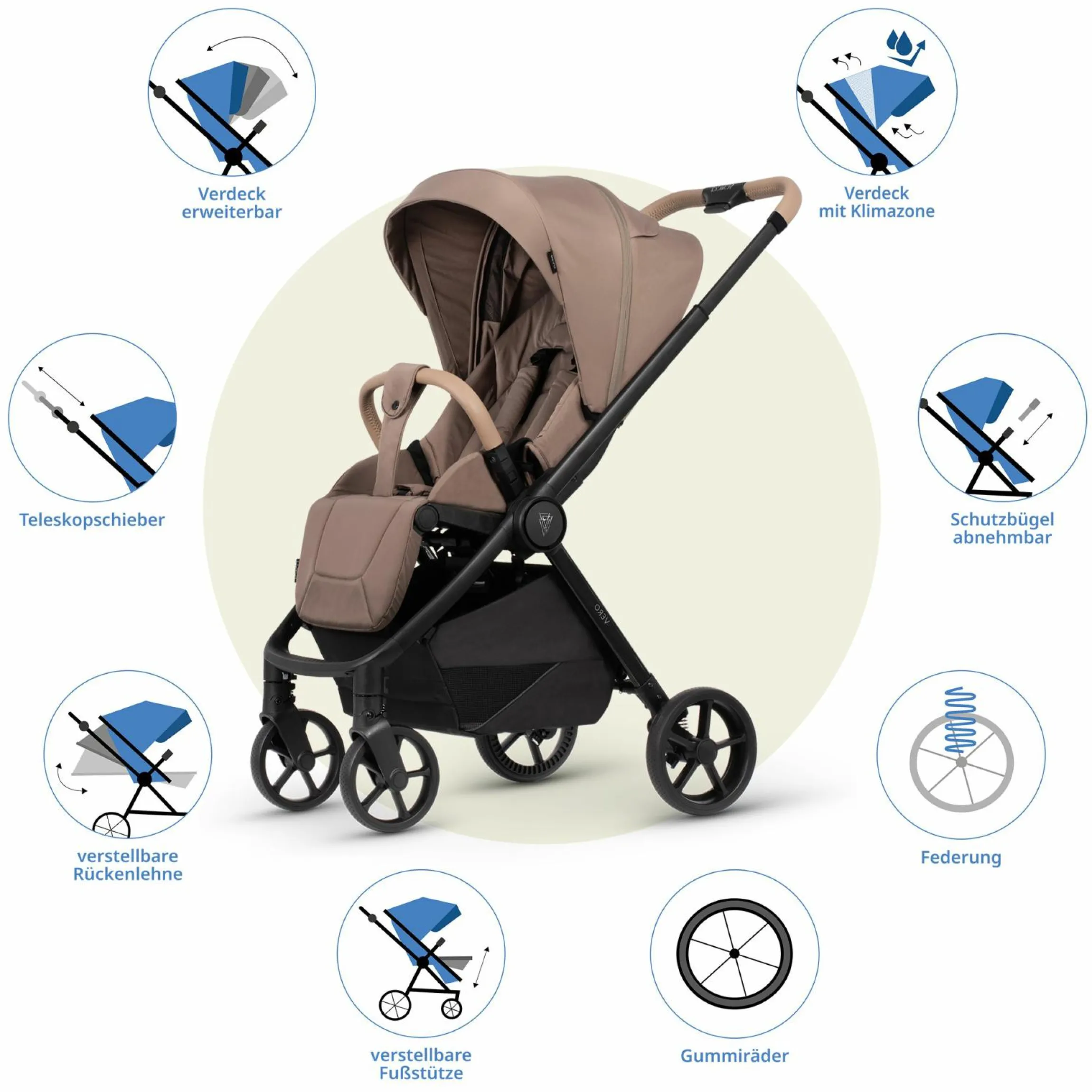 Buggy & Sportwagen Vero bis 22 kg mit Teleskopschieber, Liegeposition inkl. Regenschutz, Tragegurt & Beindecke - Sand - Kollektion 2025