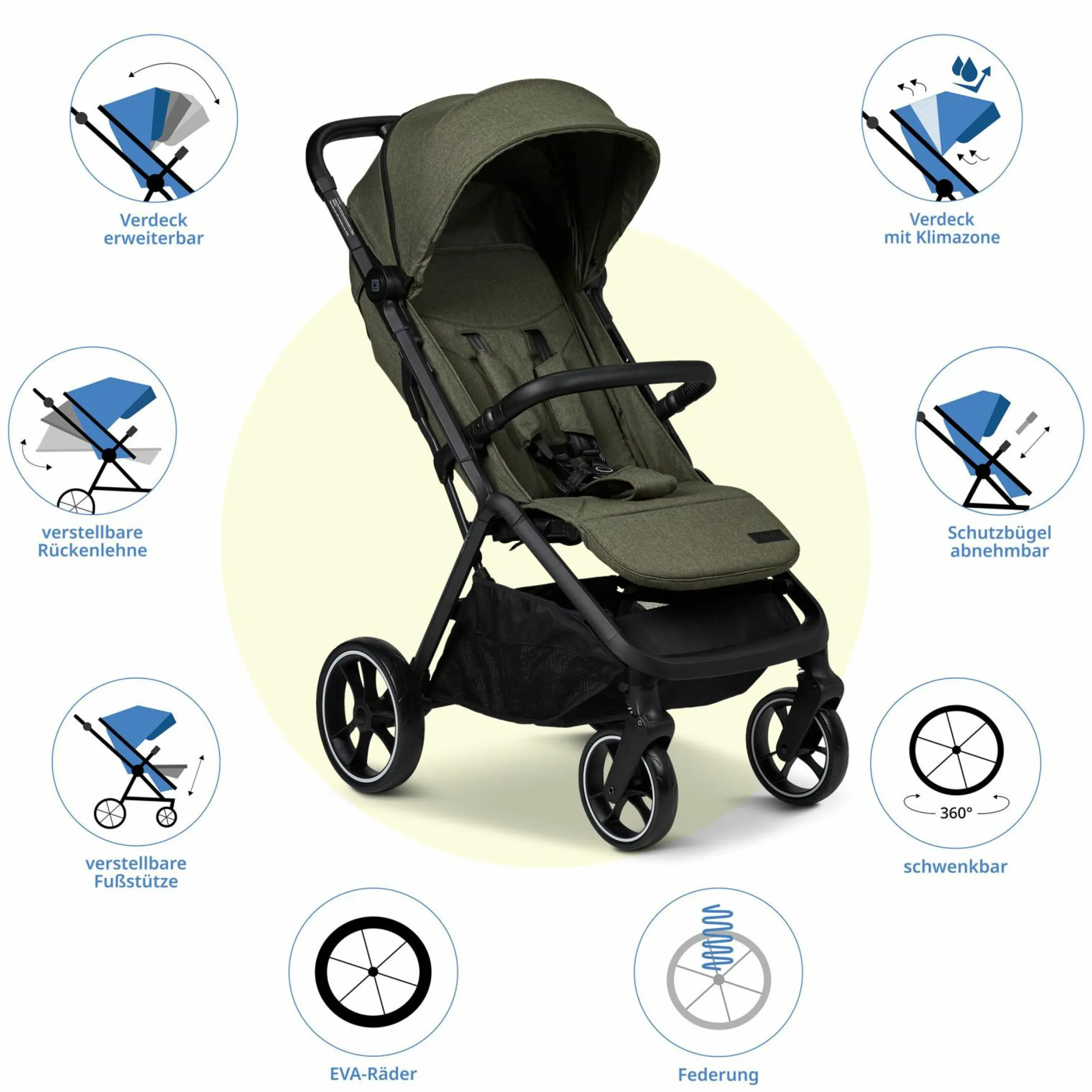 Buggy & Sportwagen Zac bis 22 kg mit Liegeposition, Einhand-Faltmechanismus inkl. Regenschutz & Transporttasche - Moss Melange