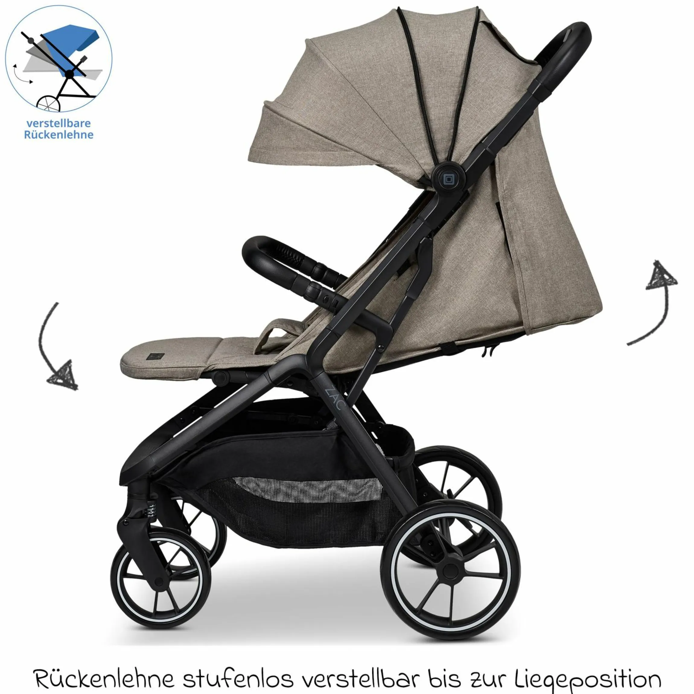 Buggy & Sportwagen Zac bis 22 kg mit Liegeposition, Einhand-Faltmechanismus inkl. Regenschutz & Transporttasche - Mud Melange