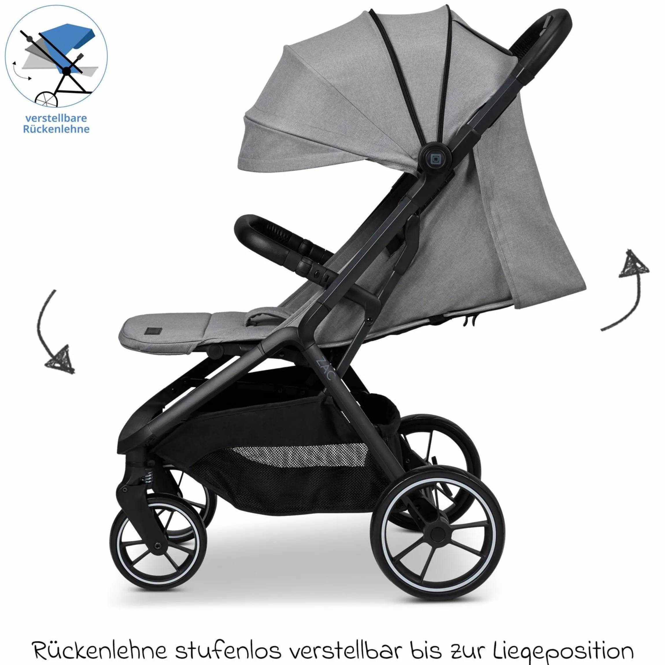 Buggy & Sportwagen Zac bis 22 kg mit Liegeposition, Einhand-Faltmechanismus inkl. Regenschutz & Transporttasche - Stone Melange