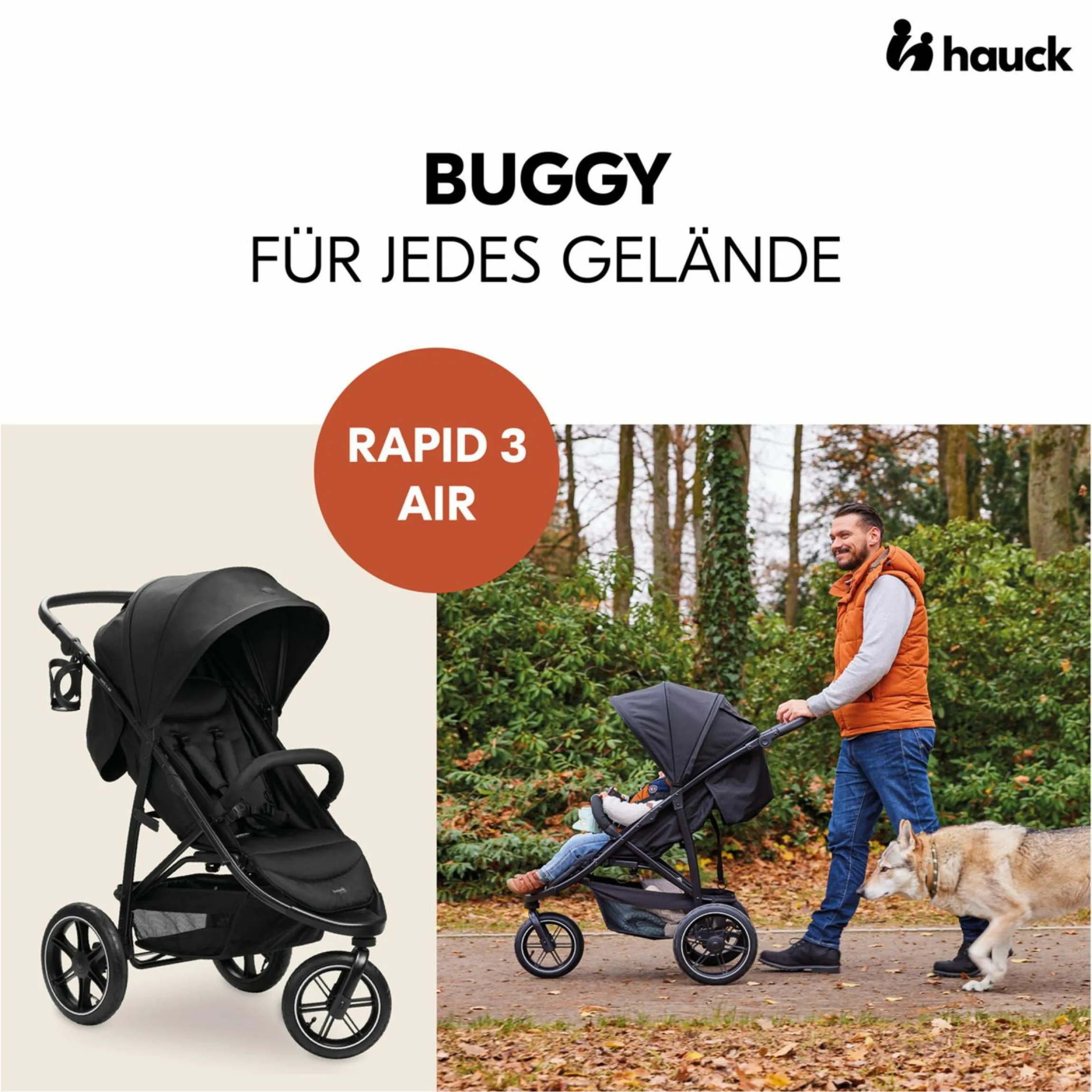Buggy Rapid 3 Air (bis 25 kg) - mit Luftreifen, Liegefunktion und XL Verdeck - Black
