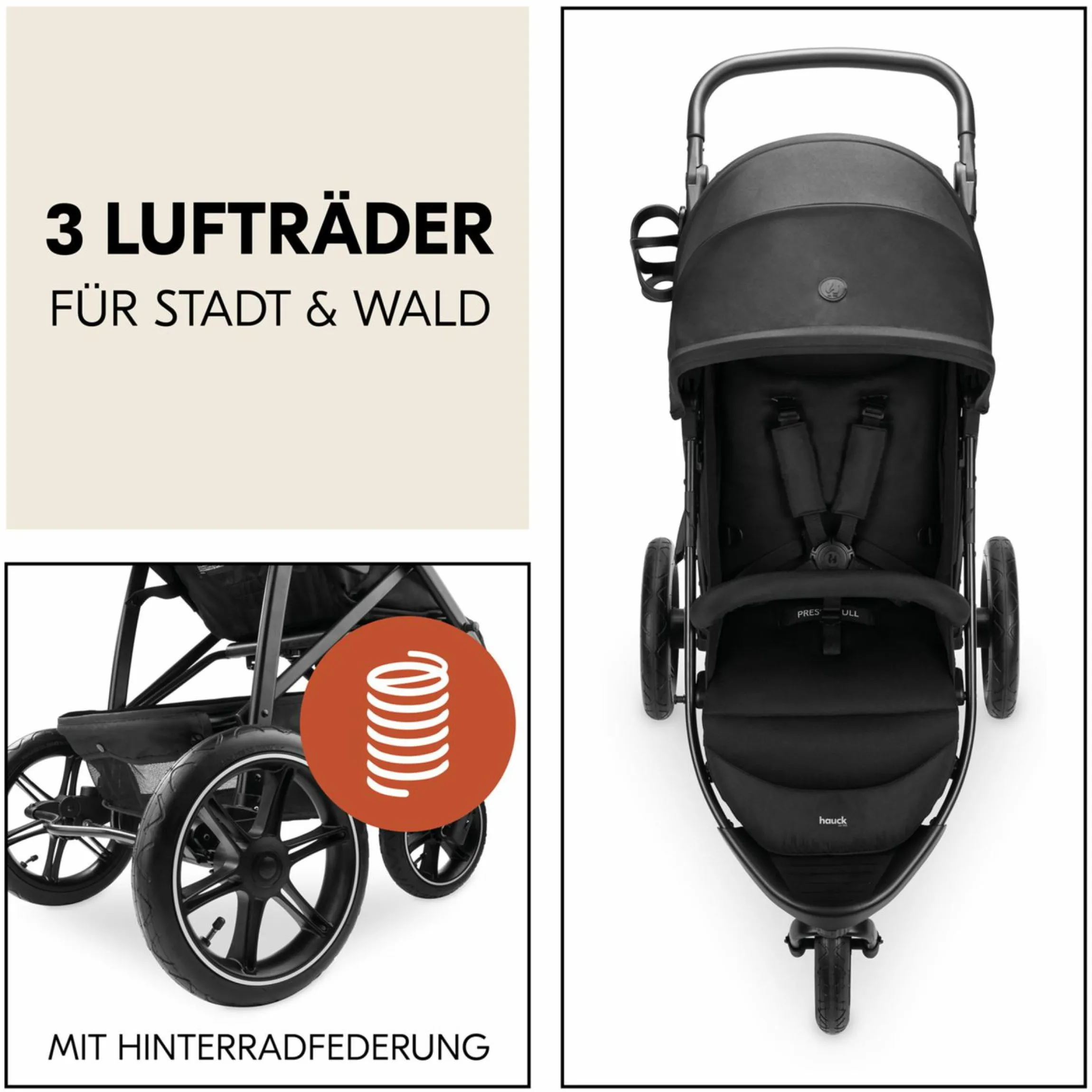 Buggy Rapid 3 Air (bis 25 kg) - mit Luftreifen, Liegefunktion und XL Verdeck - Black