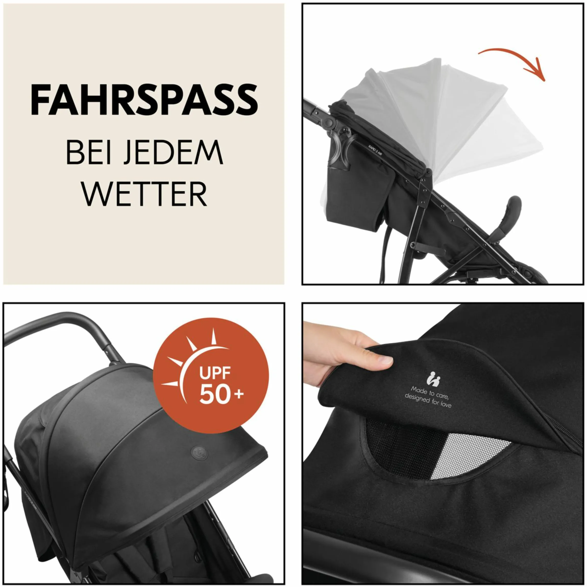 Buggy Rapid 3 Air (bis 25 kg) - mit Luftreifen, Liegefunktion und XL Verdeck - Black