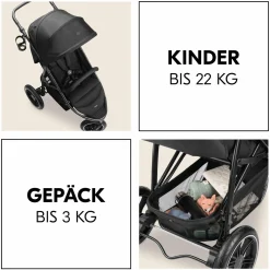 Buggy Rapid 3 Air (bis 25 kg) - mit Luftreifen, Liegefunktion und XL Verdeck - Black