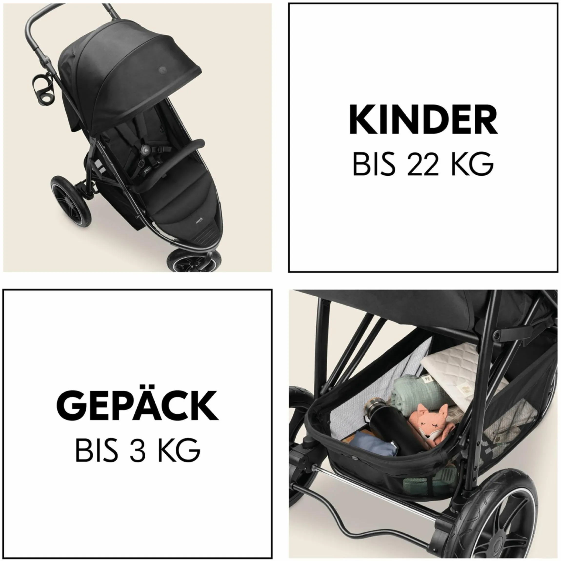 Buggy Rapid 3 Air (bis 25 kg) - mit Luftreifen, Liegefunktion und XL Verdeck - Black
