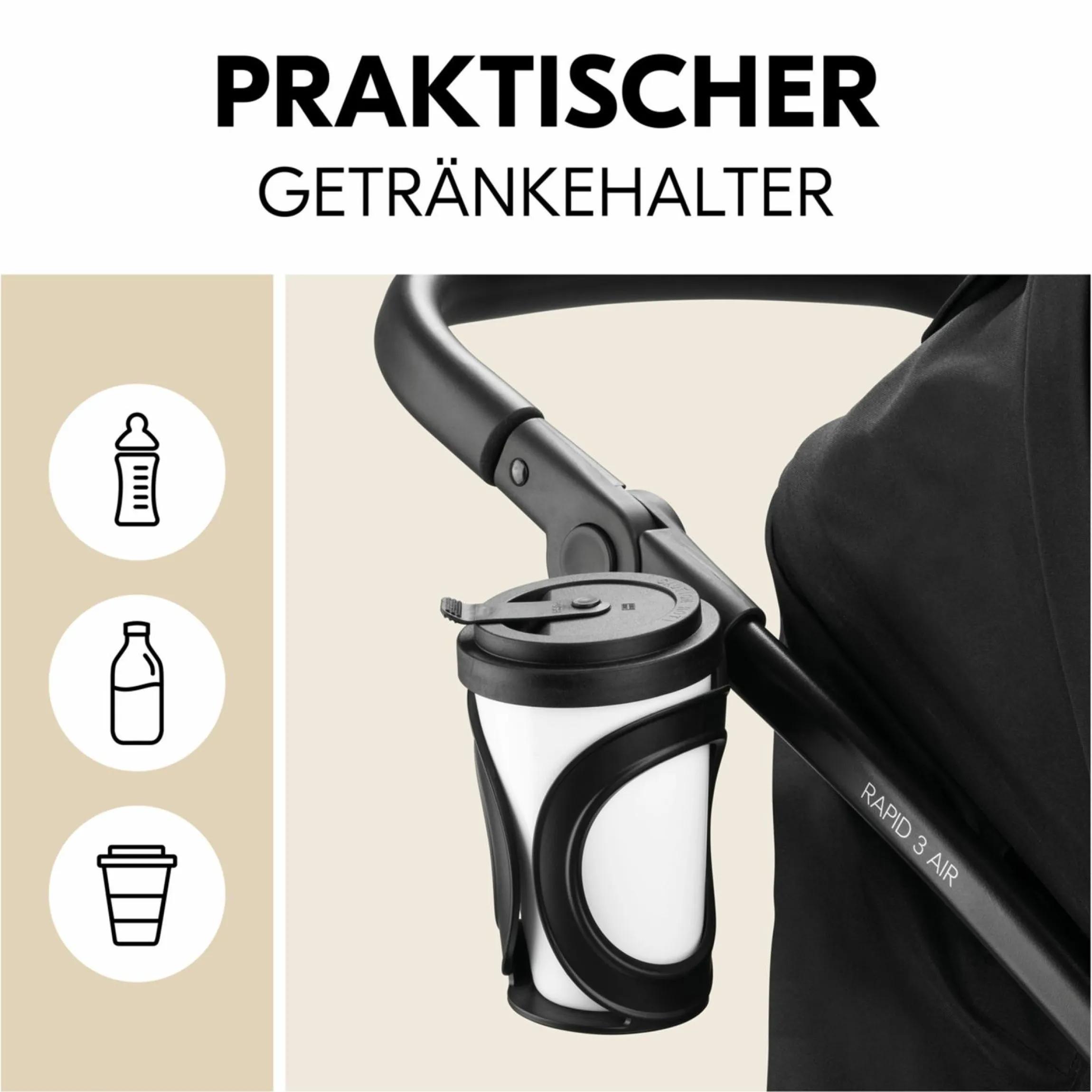 Buggy Rapid 3 Air (bis 25 kg) - mit Luftreifen, Liegefunktion und XL Verdeck - Black