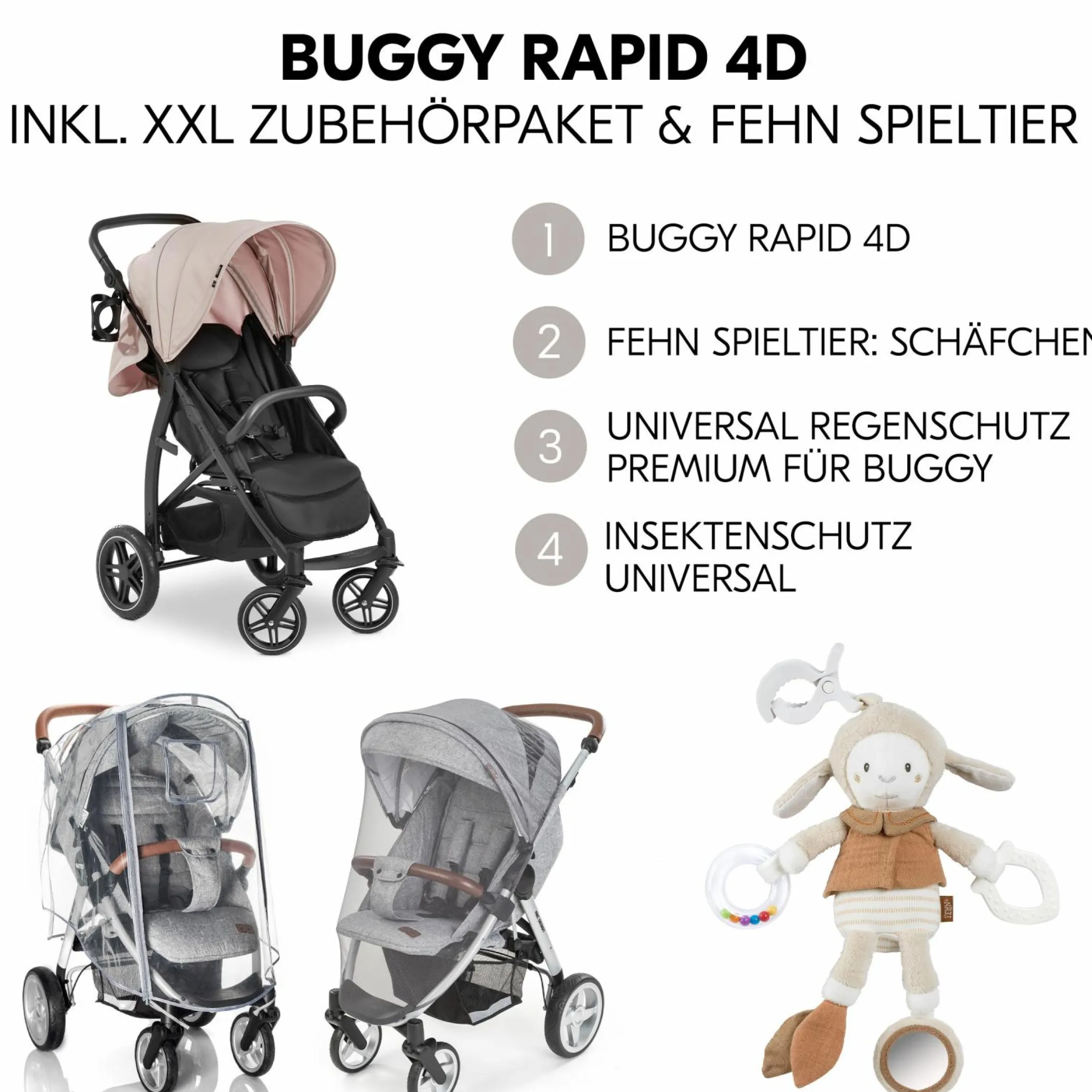 Buggy Rapid 4D (bis 25 kg) - XL Verdeck & All-Terrain Bereifung - inkl. XXL Zubehörpaket & Fehn Spieltier Schäfchen - Dusty Rose