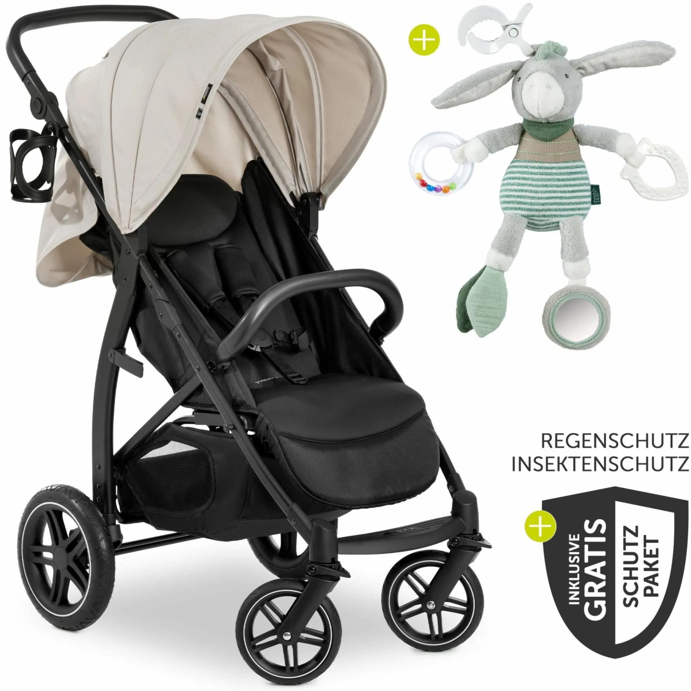 Buggy Rapid 4D (bis 25 kg) - XL Verdeck & All-Terrain Bereifung - inkl. XXL Zubehörpaket & Fehn Spieltier Eselchen - Classic Beige