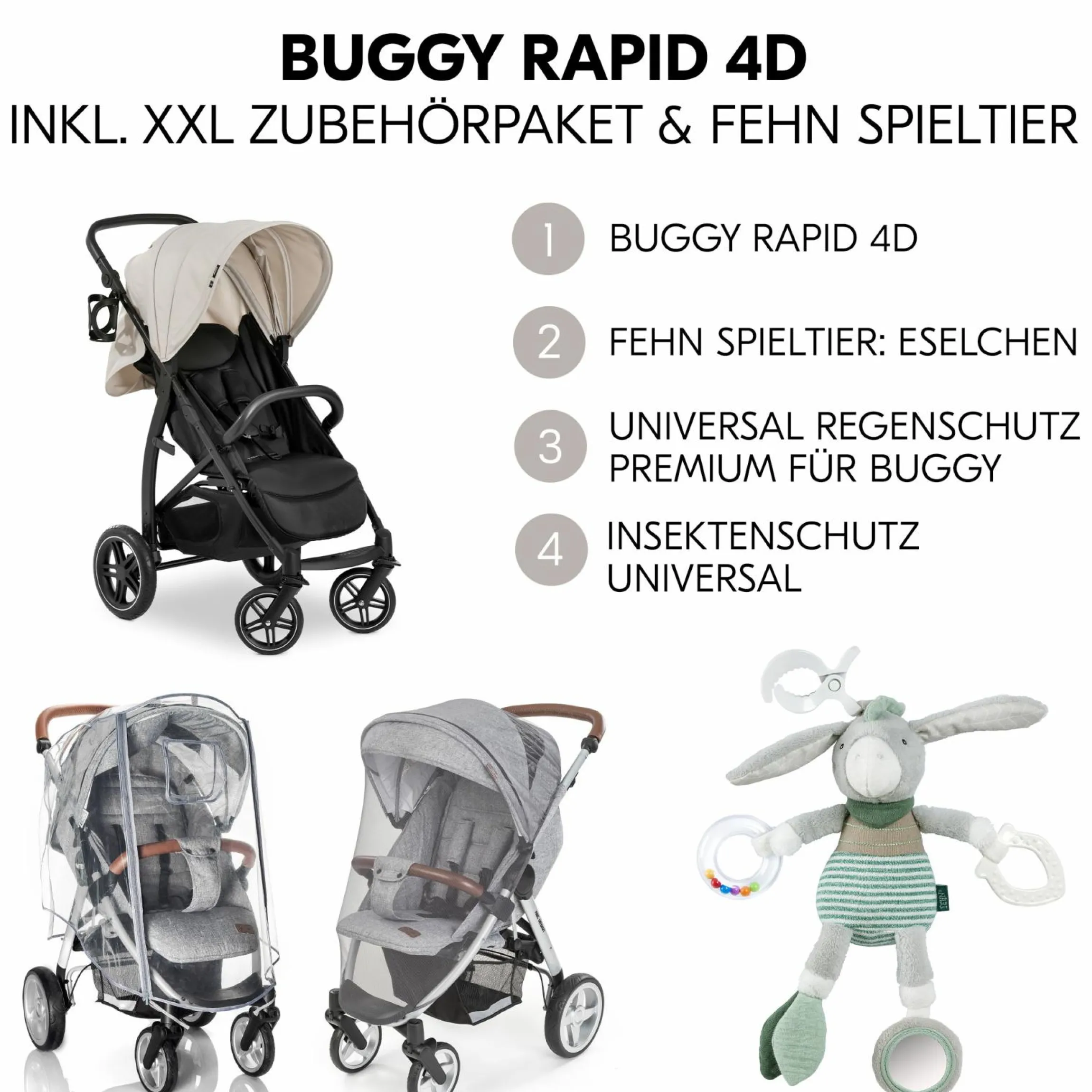 Buggy Rapid 4D (bis 25 kg) - XL Verdeck & All-Terrain Bereifung - inkl. XXL Zubehörpaket & Fehn Spieltier Eselchen - Classic Beige