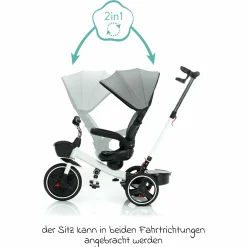 Dreirad Niki 360 mit drehbarem Sitz, höhenverstellbare Schiebestange, Sonnendach, Freilauf & Ablagekorb Weiß Grau