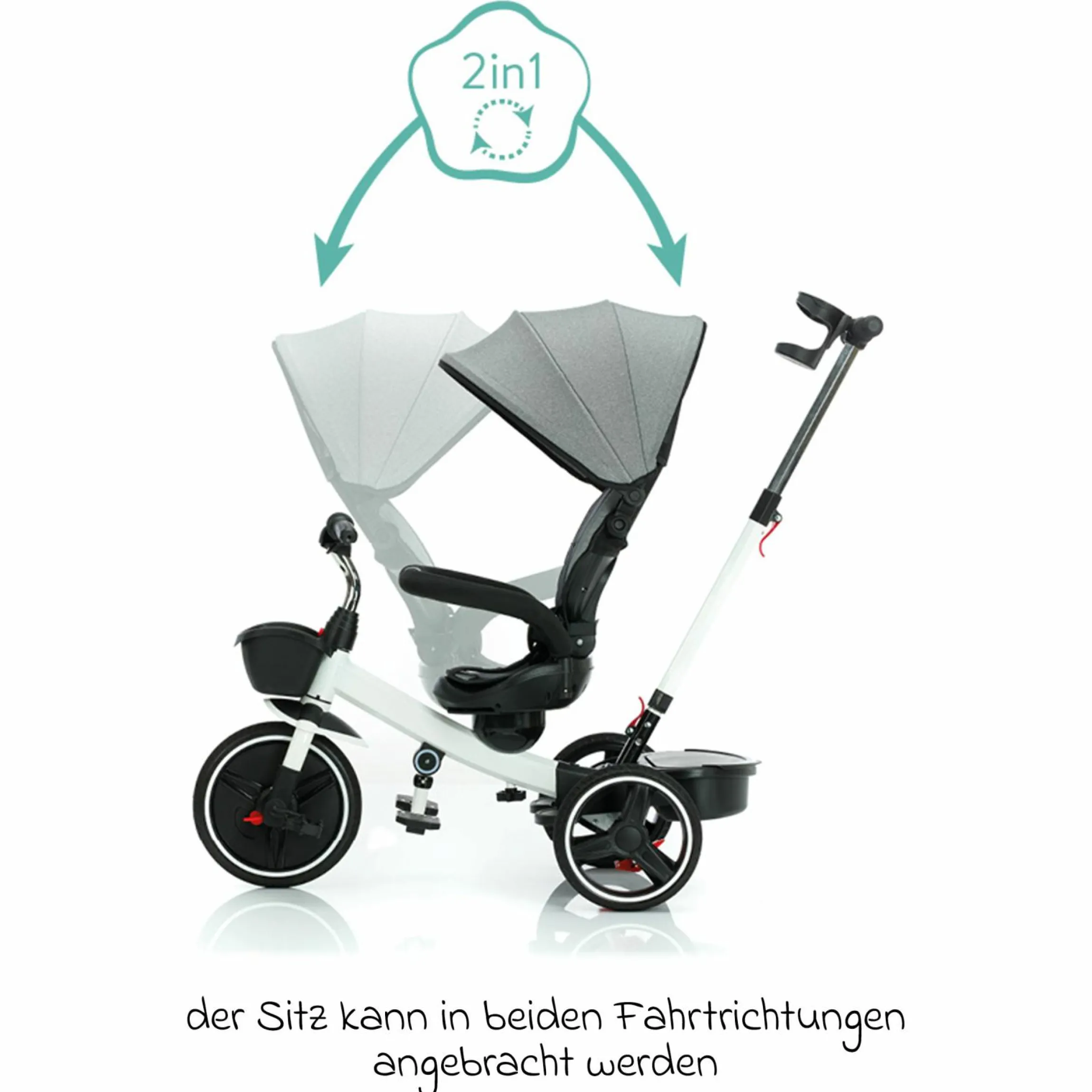 Dreirad Niki 360 mit drehbarem Sitz, höhenverstellbare Schiebestange, Sonnendach, Freilauf & Ablagekorb Weiß Grau