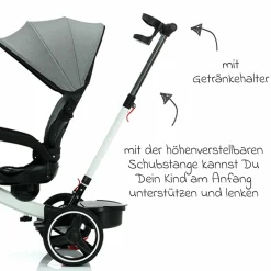 Dreirad Niki 360 mit drehbarem Sitz, höhenverstellbare Schiebestange, Sonnendach, Freilauf & Ablagekorb Weiß Grau