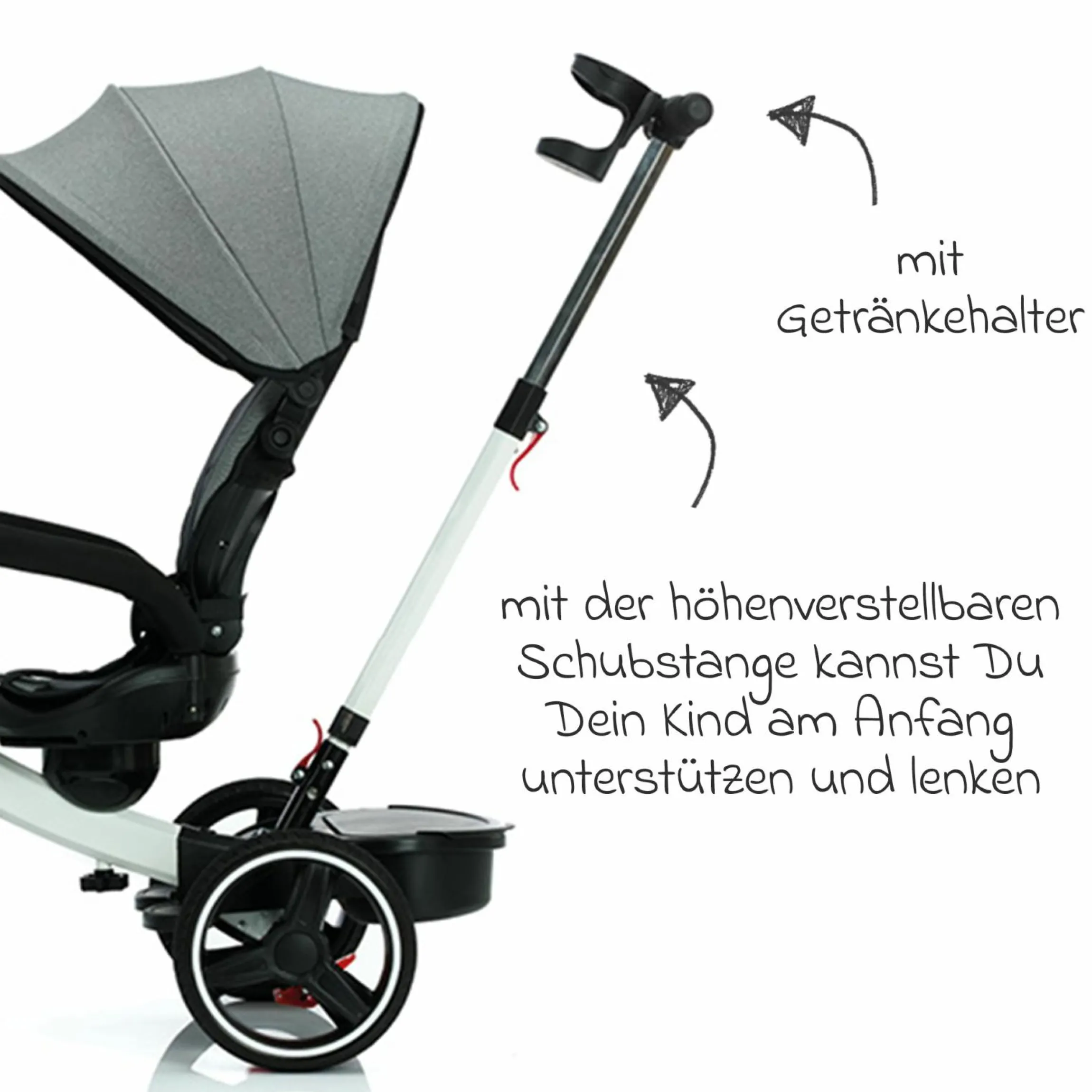 Dreirad Niki 360 mit drehbarem Sitz, höhenverstellbare Schiebestange, Sonnendach, Freilauf & Ablagekorb Weiß Grau