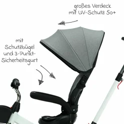 Dreirad Niki 360 mit drehbarem Sitz, höhenverstellbare Schiebestange, Sonnendach, Freilauf & Ablagekorb Weiß Grau