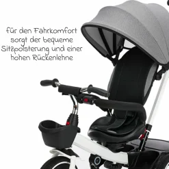 Dreirad Niki 360 mit drehbarem Sitz, höhenverstellbare Schiebestange, Sonnendach, Freilauf & Ablagekorb Weiß Grau