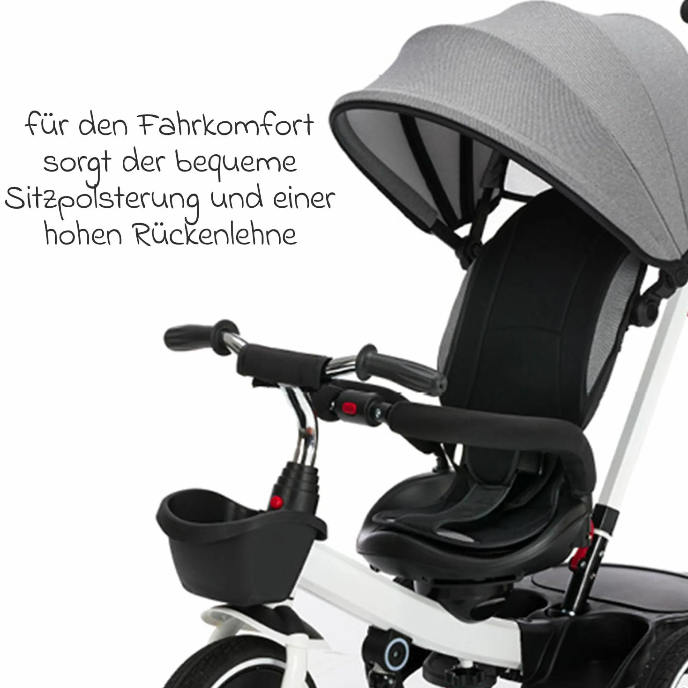 Dreirad Niki 360 mit drehbarem Sitz, höhenverstellbare Schiebestange, Sonnendach, Freilauf & Ablagekorb Weiß Grau