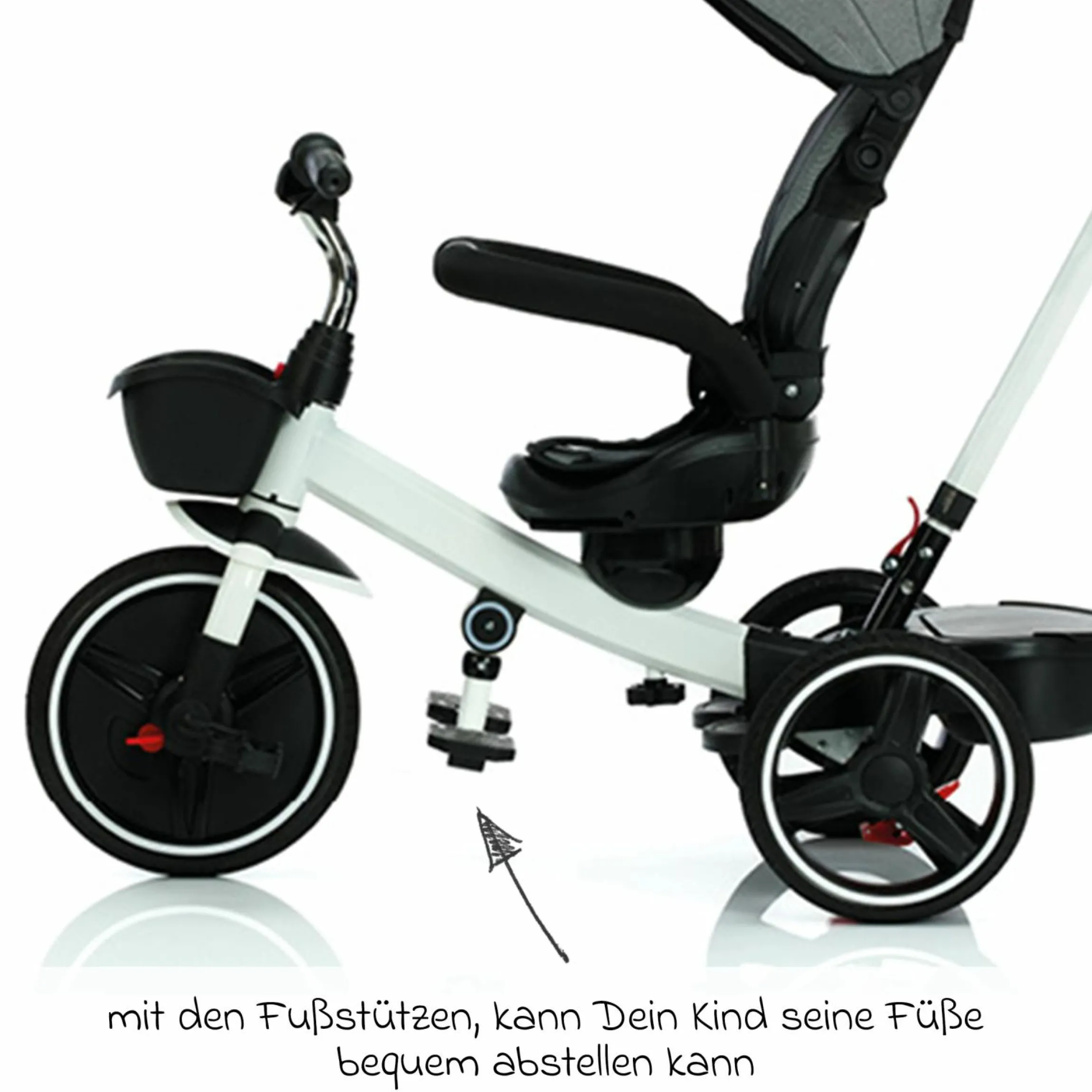 Dreirad Niki 360 mit drehbarem Sitz, höhenverstellbare Schiebestange, Sonnendach, Freilauf & Ablagekorb Weiß Grau