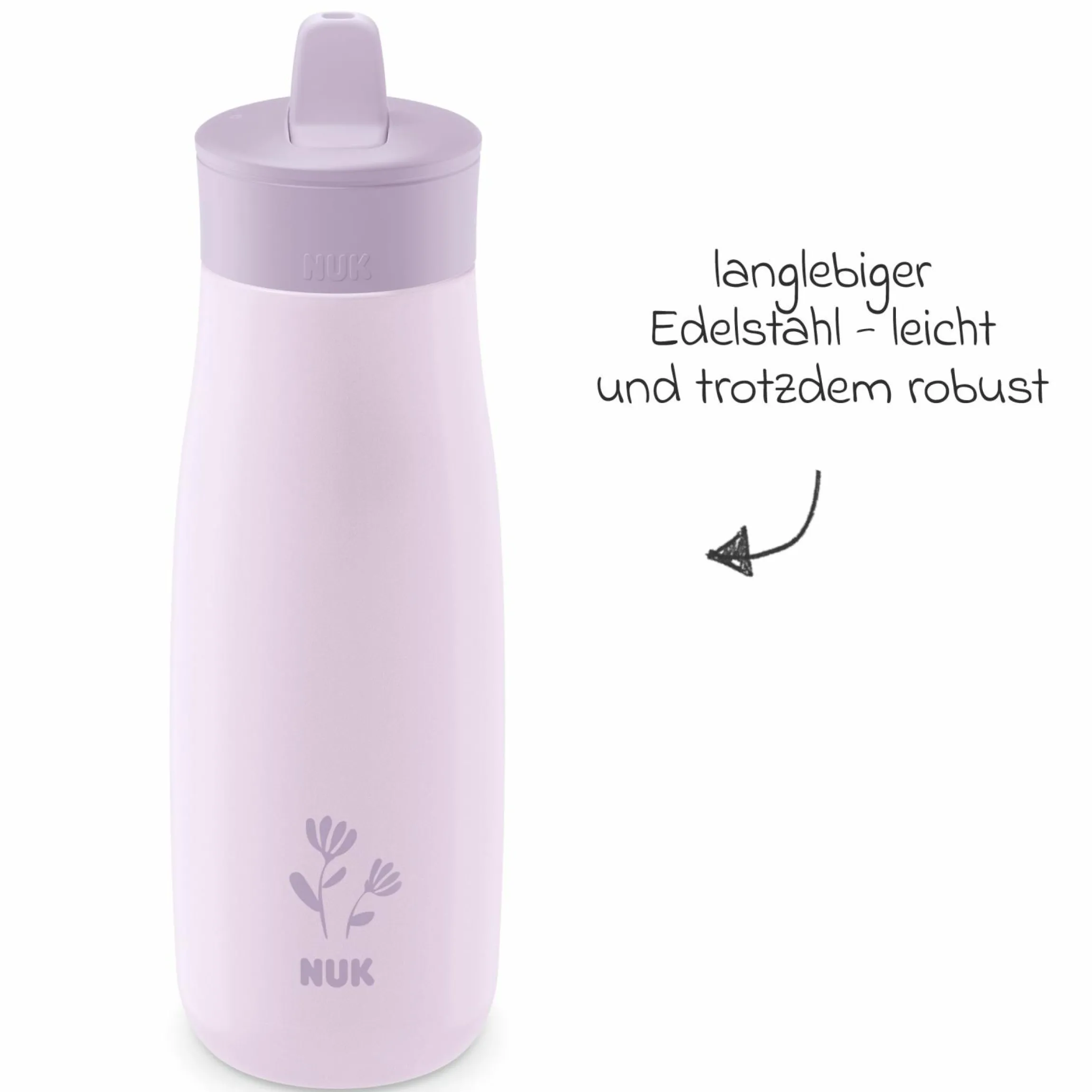 Edelstahl-Trinkflasche Mini-Me Flip Cup - mit bissfestem Trinkaufsatz 500 ml - Blume - Flieder