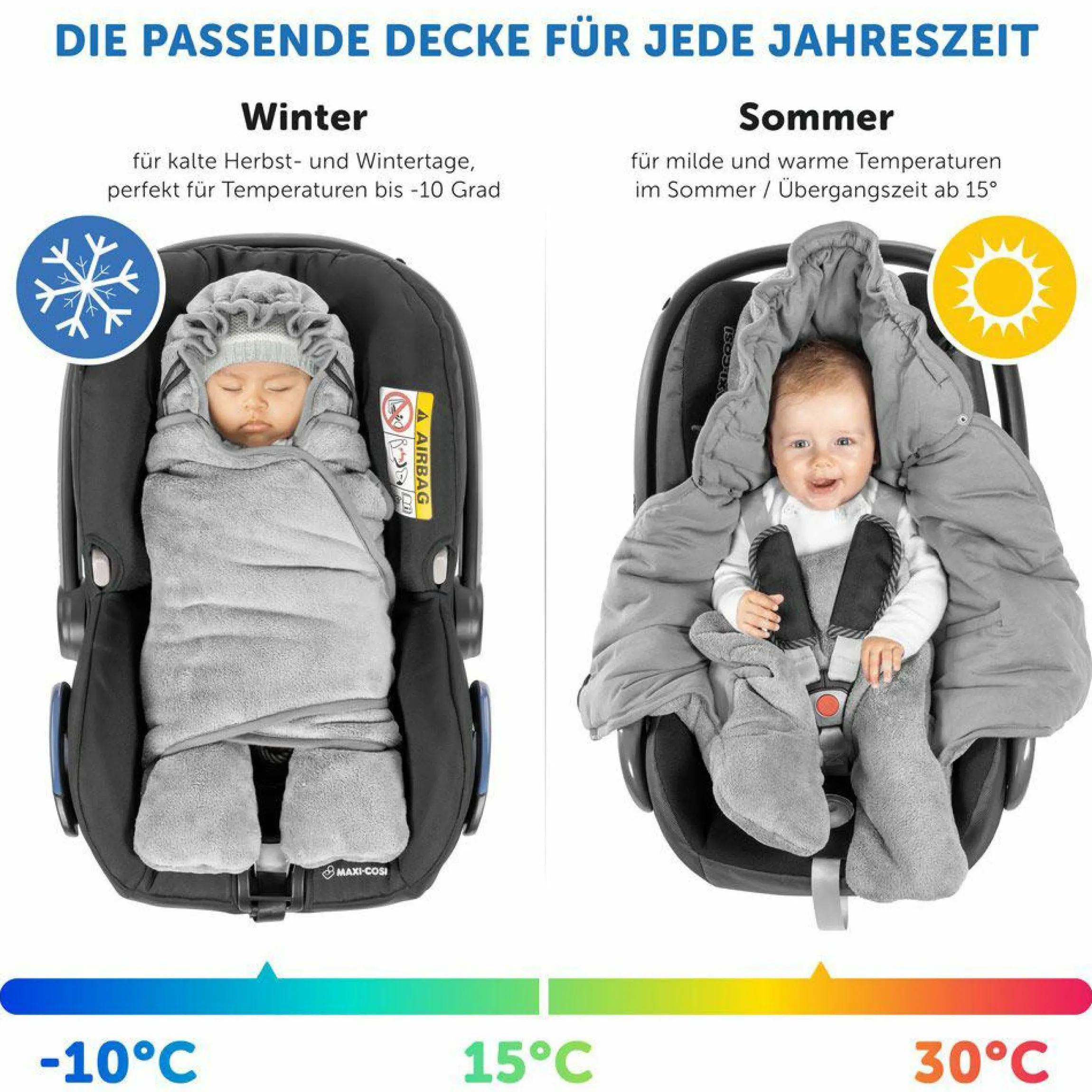 Einschlagdecke mit Füßen für Babyschale und Kindersitz - Winter - Grau