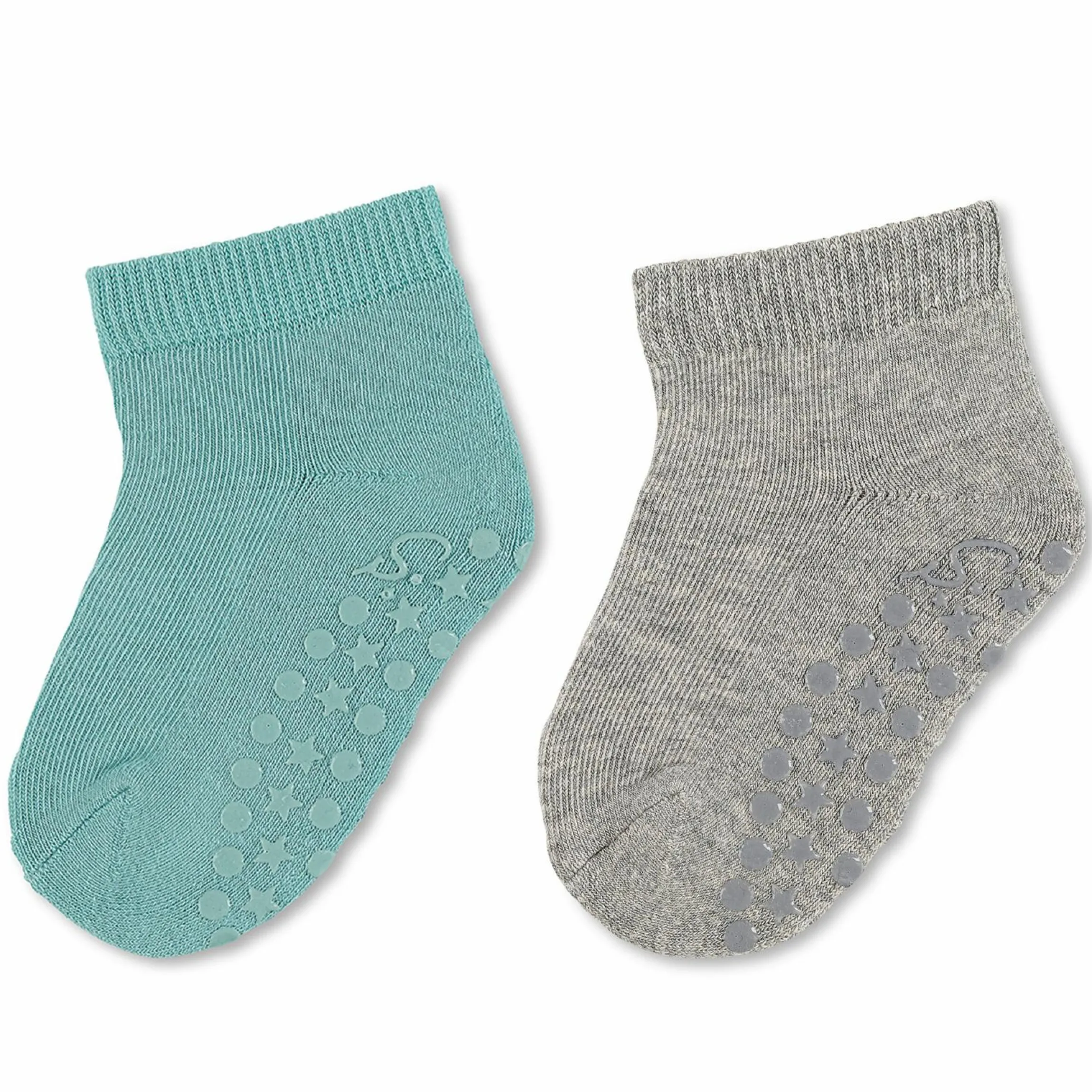 2er Pack Krabbelsocken Kurz Vollplüsch im Sohlenbereich - Grau Türkis - Gr. 17/18